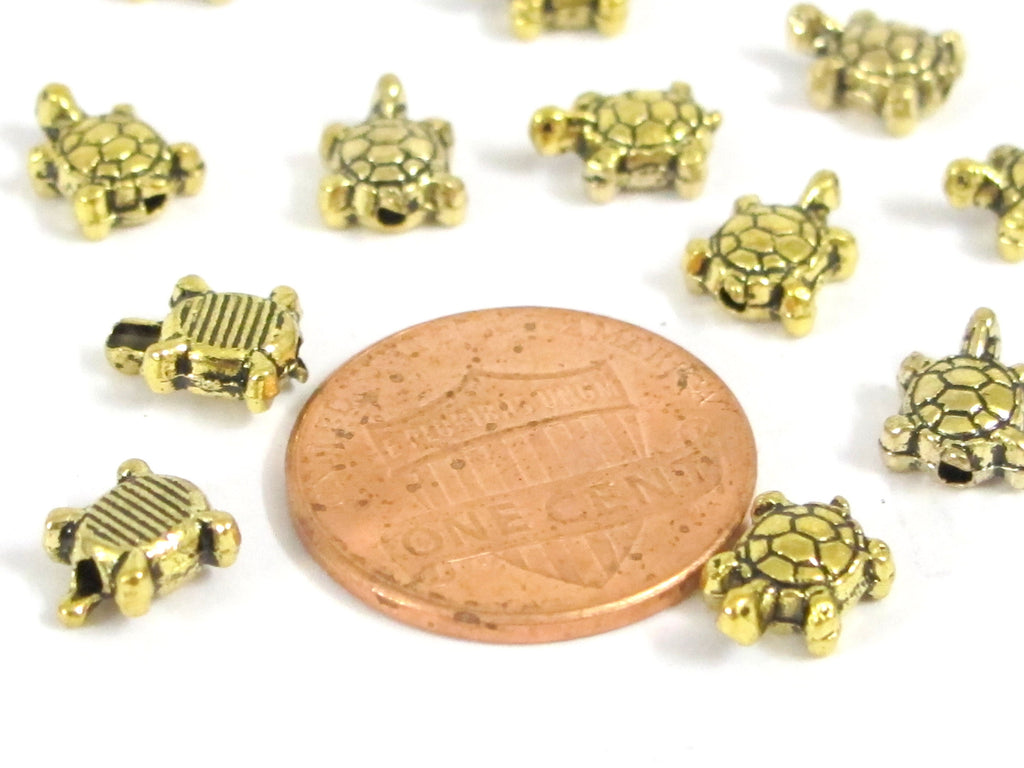10 beads - Small tiny size turtle spacer beads antiqued Golden color - BD691G