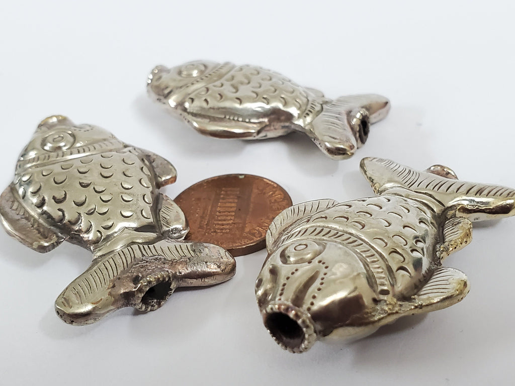 1 BEAD - Ethnic Tibetan silver repousse fish design beads Tibetan silver bead Nepal bead fish beads animal bead design-- BD420