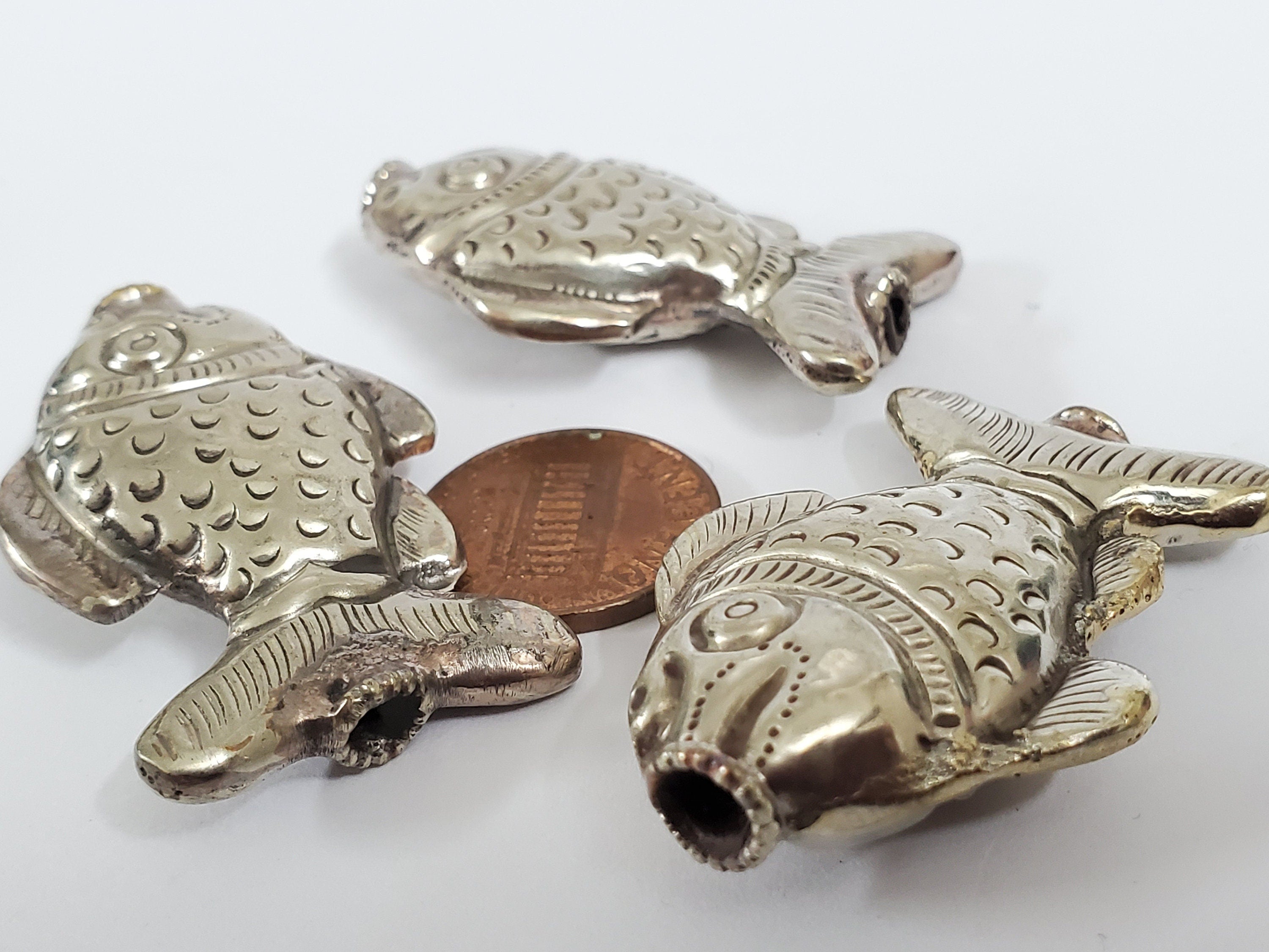 1 BEAD - Ethnic Tibetan silver repousse fish design beads Tibetan silver bead Nepal bead fish beads animal bead design-- BD420
