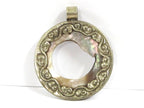 Unique OOAK Tibetan Nepal pendant round oval shape cut mother of pearl shell pendant with flower filigree on pendant frame - PM169C
