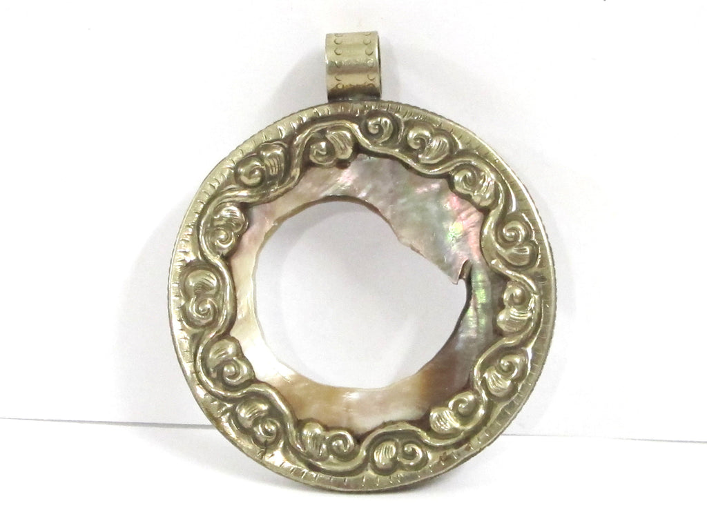 Unique OOAK Tibetan Nepal pendant round oval shape cut mother of pearl shell pendant with flower filigree on pendant frame - PM169C