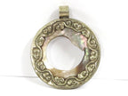 Unique OOAK Tibetan Nepal pendant round oval shape cut mother of pearl shell pendant with flower filigree on pendant frame - PM169C