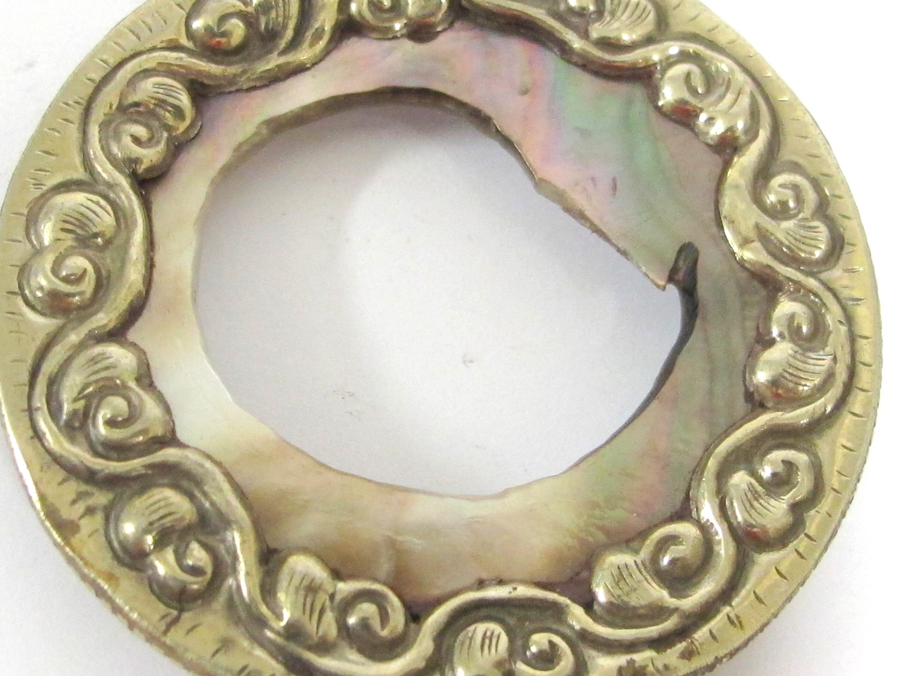 Unique OOAK Tibetan Nepal pendant round oval shape cut mother of pearl shell pendant with flower filigree on pendant frame - PM169C