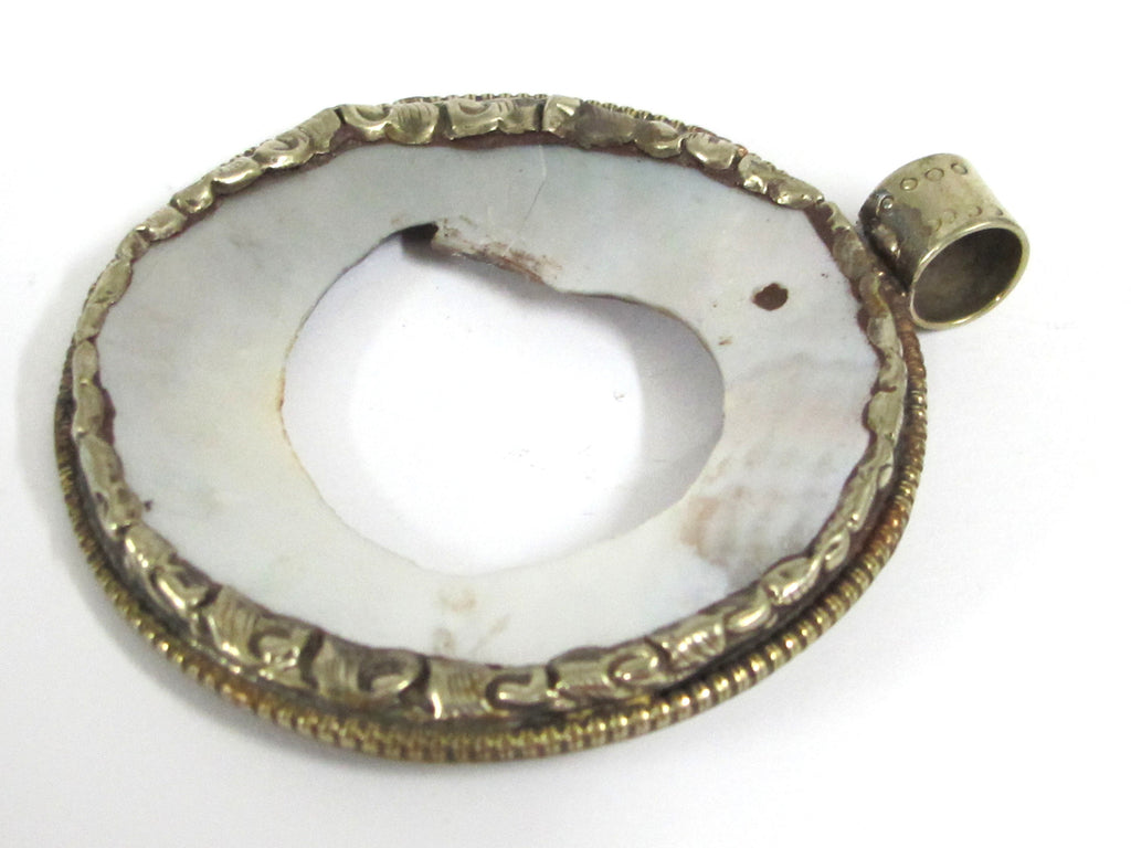 Unique OOAK Tibetan Nepal pendant round oval shape cut mother of pearl shell pendant with flower filigree on pendant frame - PM169C