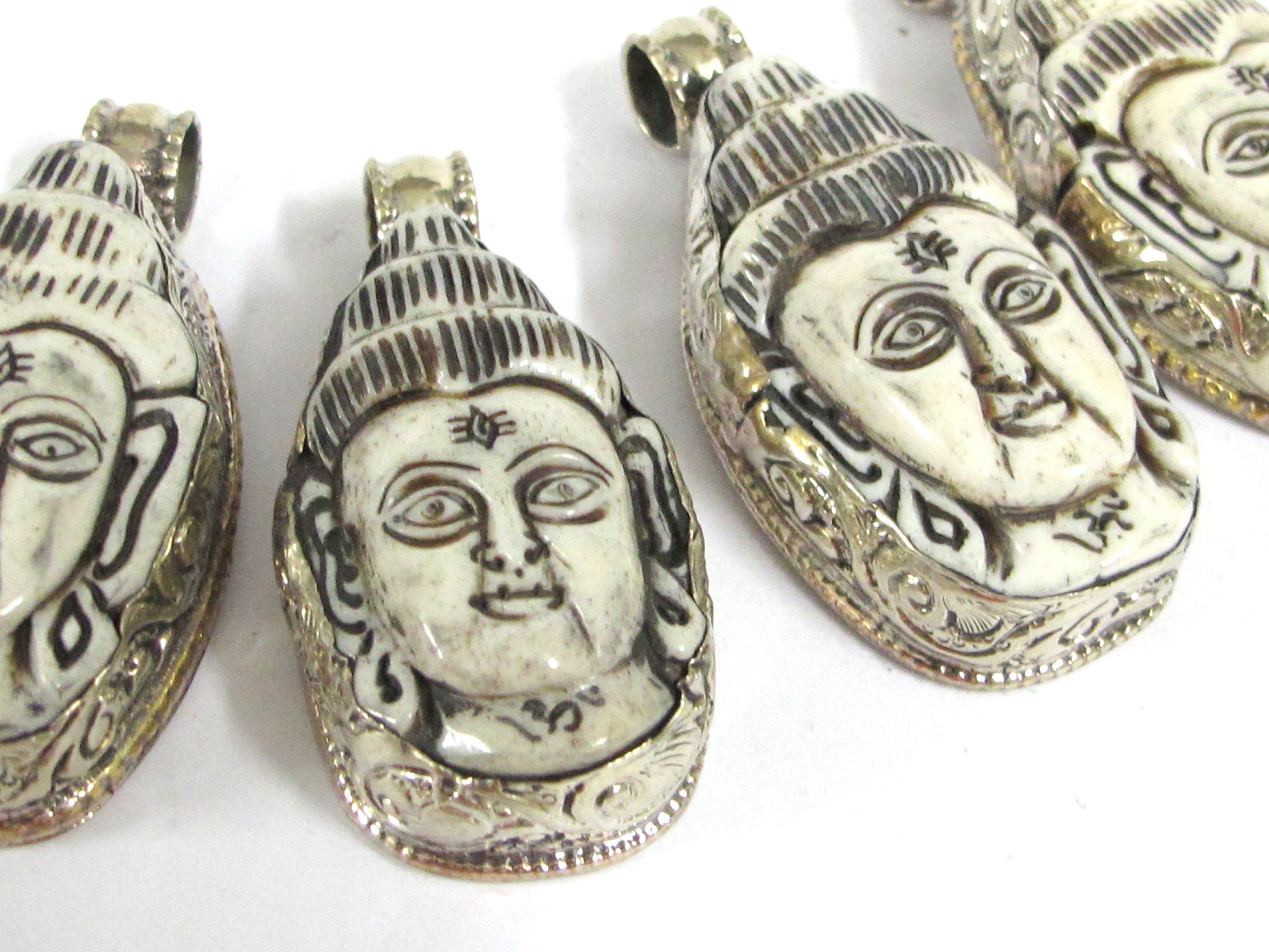 1 Pendant - Large carved bone Hindu lord Shiva pendant with floral carving on reverse side - PB010A