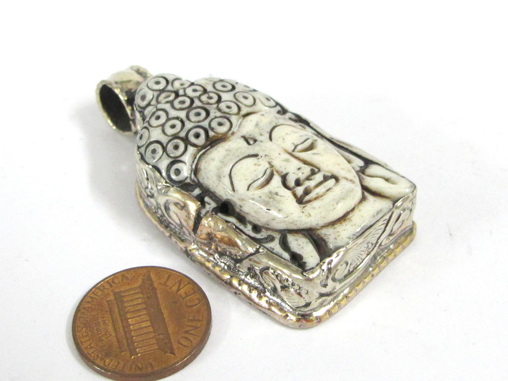 1 Pendant - Large carved recycled cattle Buddha pendant with floral carving on reverse side - PB010B