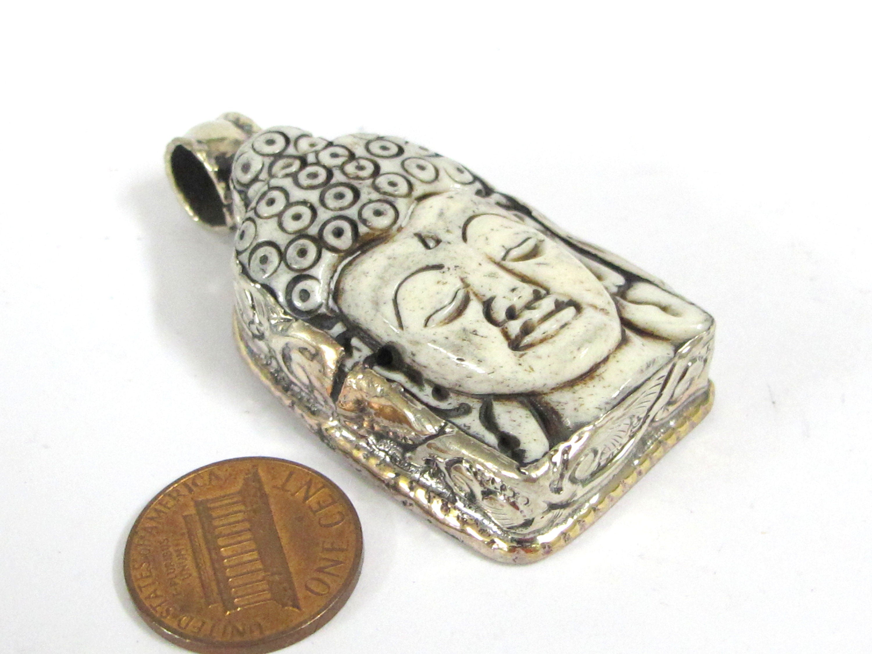 1 Pendant - Large carved recycled cattle Buddha pendant with floral carving on reverse side - PB010B