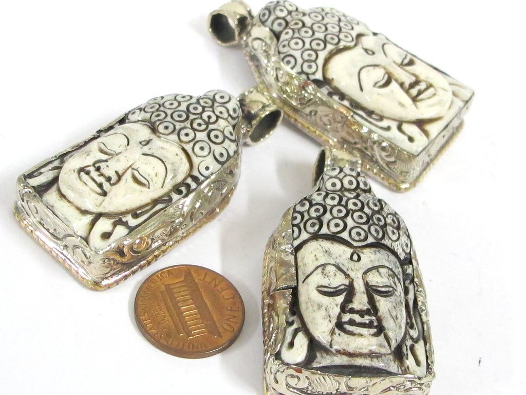 1 Pendant - Large carved recycled cattle Buddha pendant with floral carving on reverse side - PB010B
