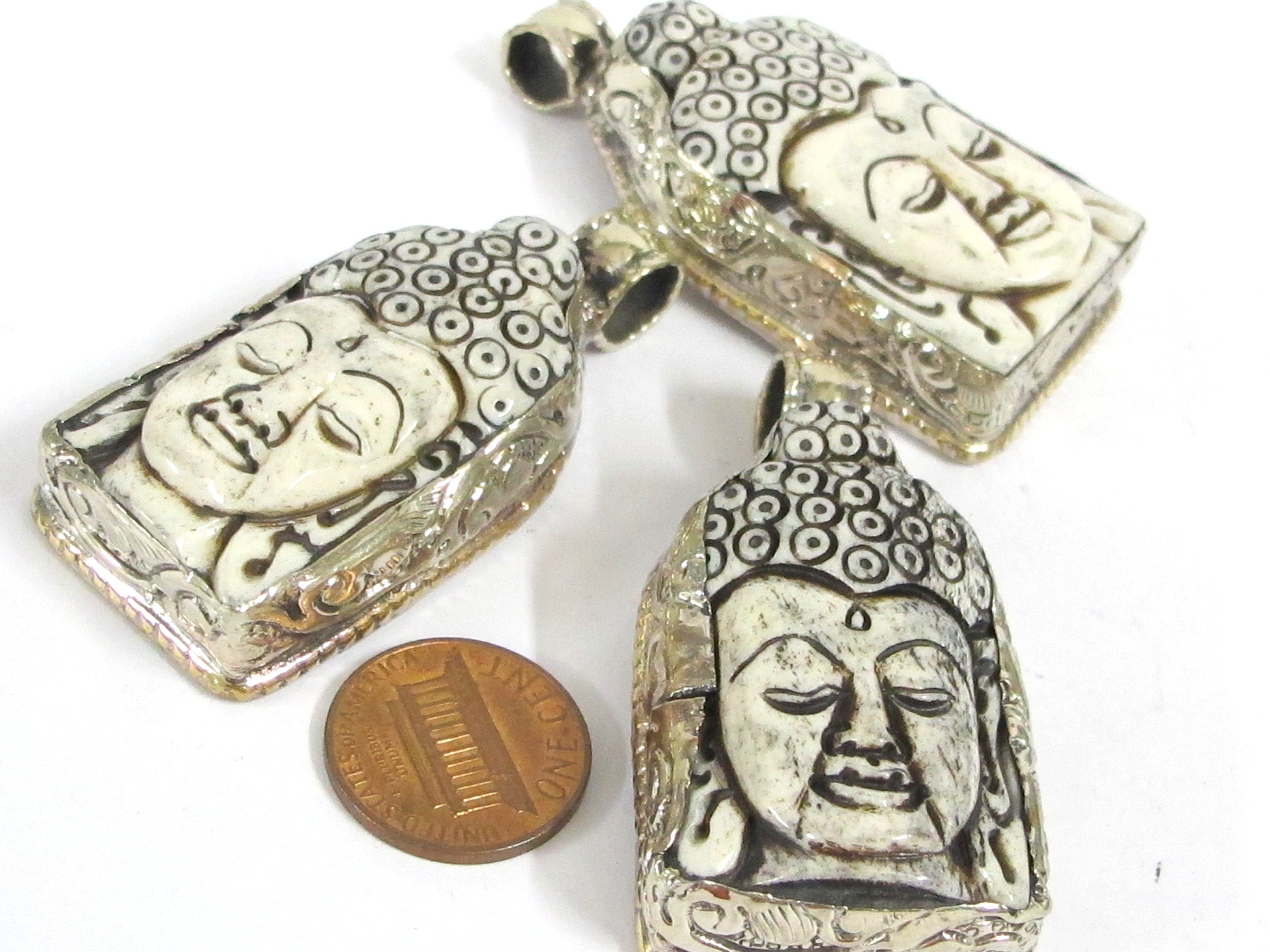 1 Pendant - Large carved recycled cattle Buddha pendant with floral carving on reverse side - PB010B