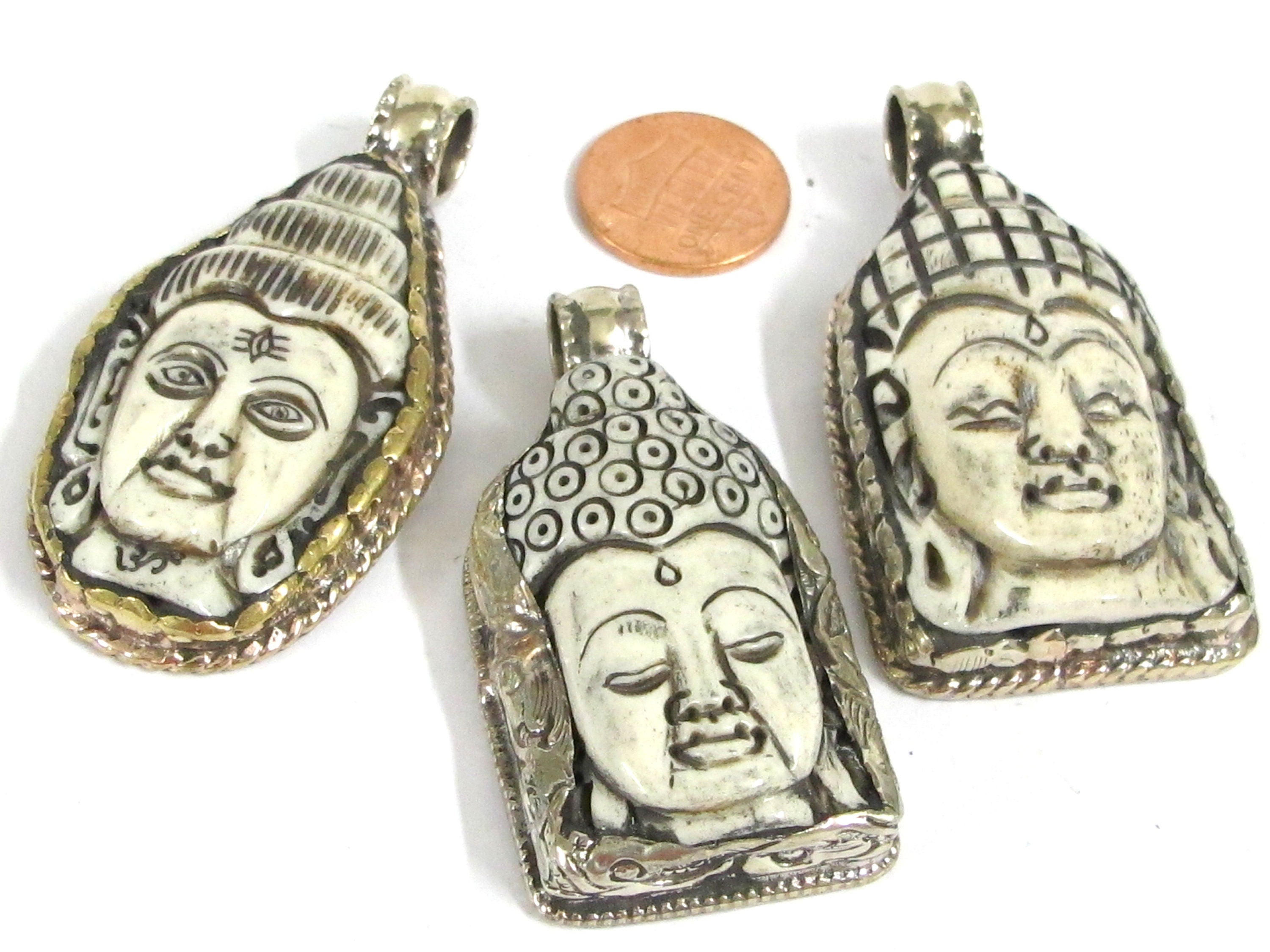 1 Pendant -Large carved bone Shiva Buddha pendants with floral carving on reverse side Tibetan Nepal ethnic supplies - PB010C