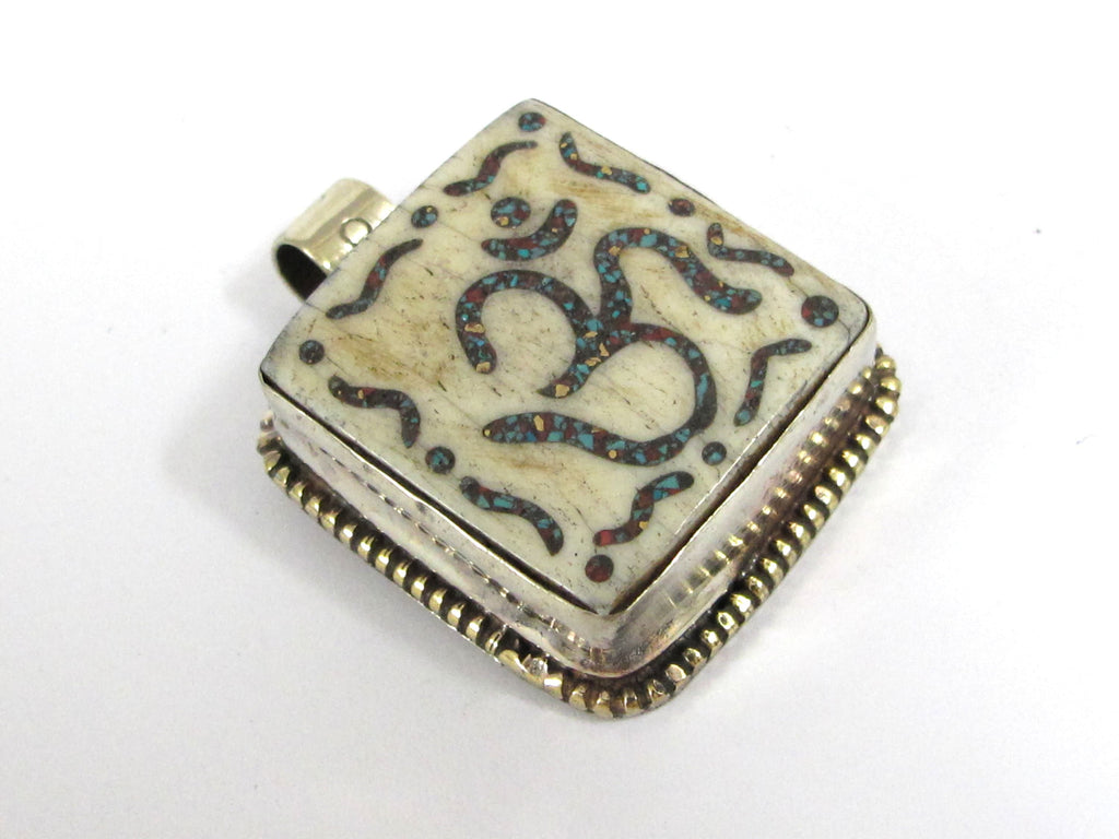 1 Tibetan Om pendant - Ethnic Tibetan Nepal cream color Om pendant with turquoise inlay upcyled cattle bone pendant - PB016A