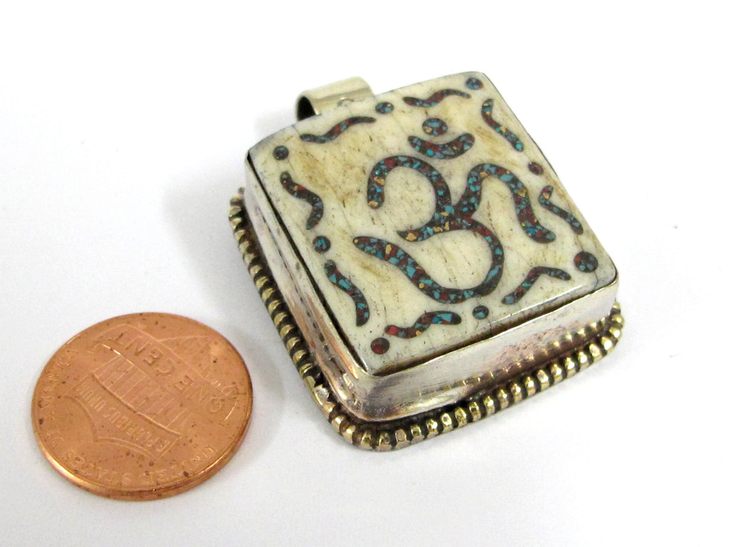 1 Tibetan Om pendant - Ethnic Tibetan Nepal cream color Om pendant with turquoise inlay upcyled cattle bone pendant - PB016A