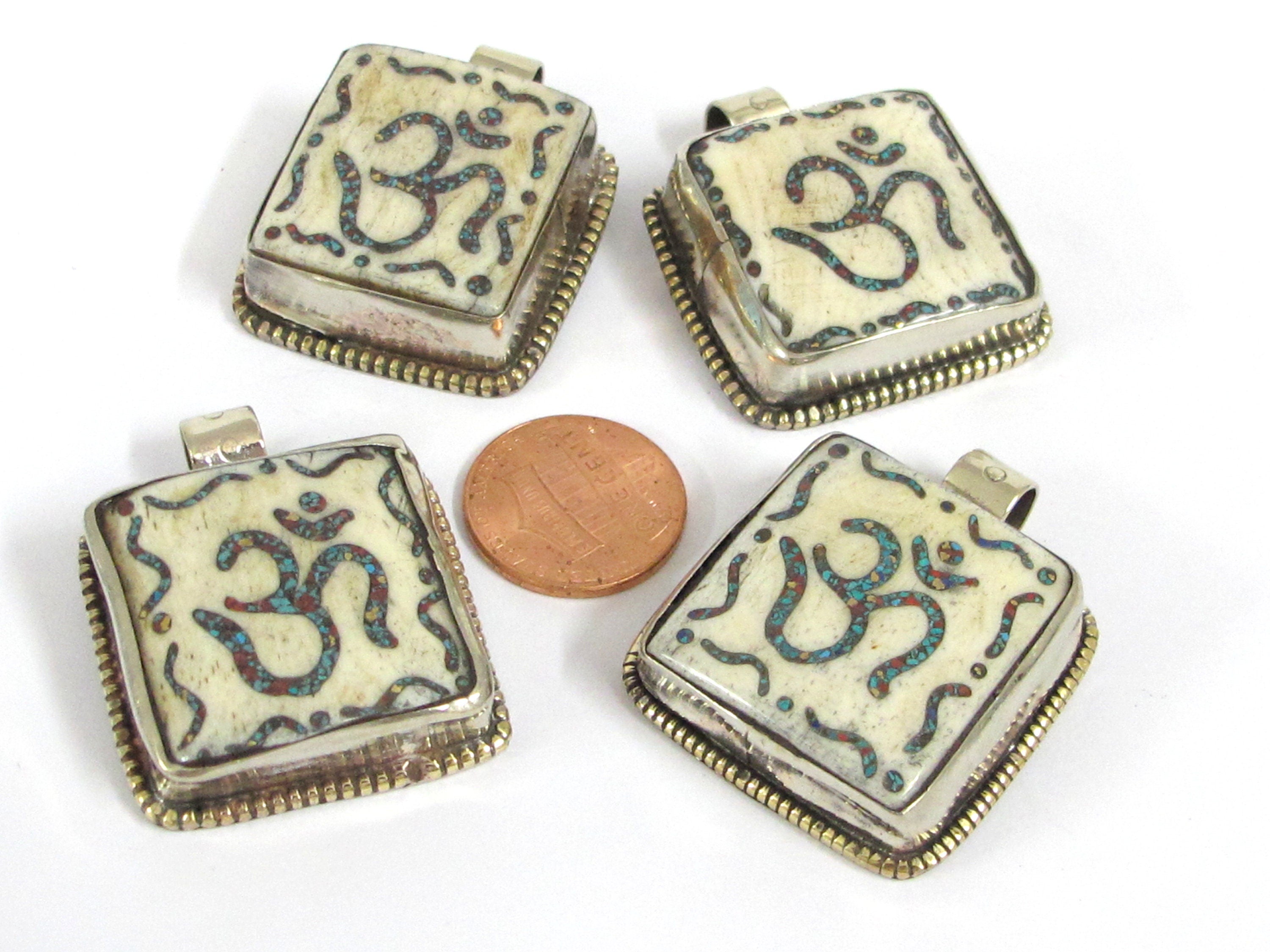 1 Tibetan Om pendant - Ethnic Tibetan Nepal cream color Om pendant with turquoise inlay upcyled cattle bone pendant - PB016A