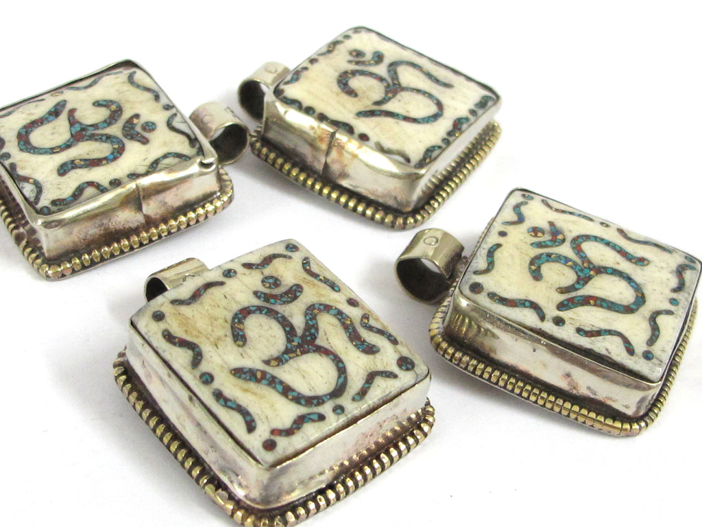 1 Tibetan Om pendant - Ethnic Tibetan Nepal cream color Om pendant with turquoise inlay upcyled cattle bone pendant - PB016A