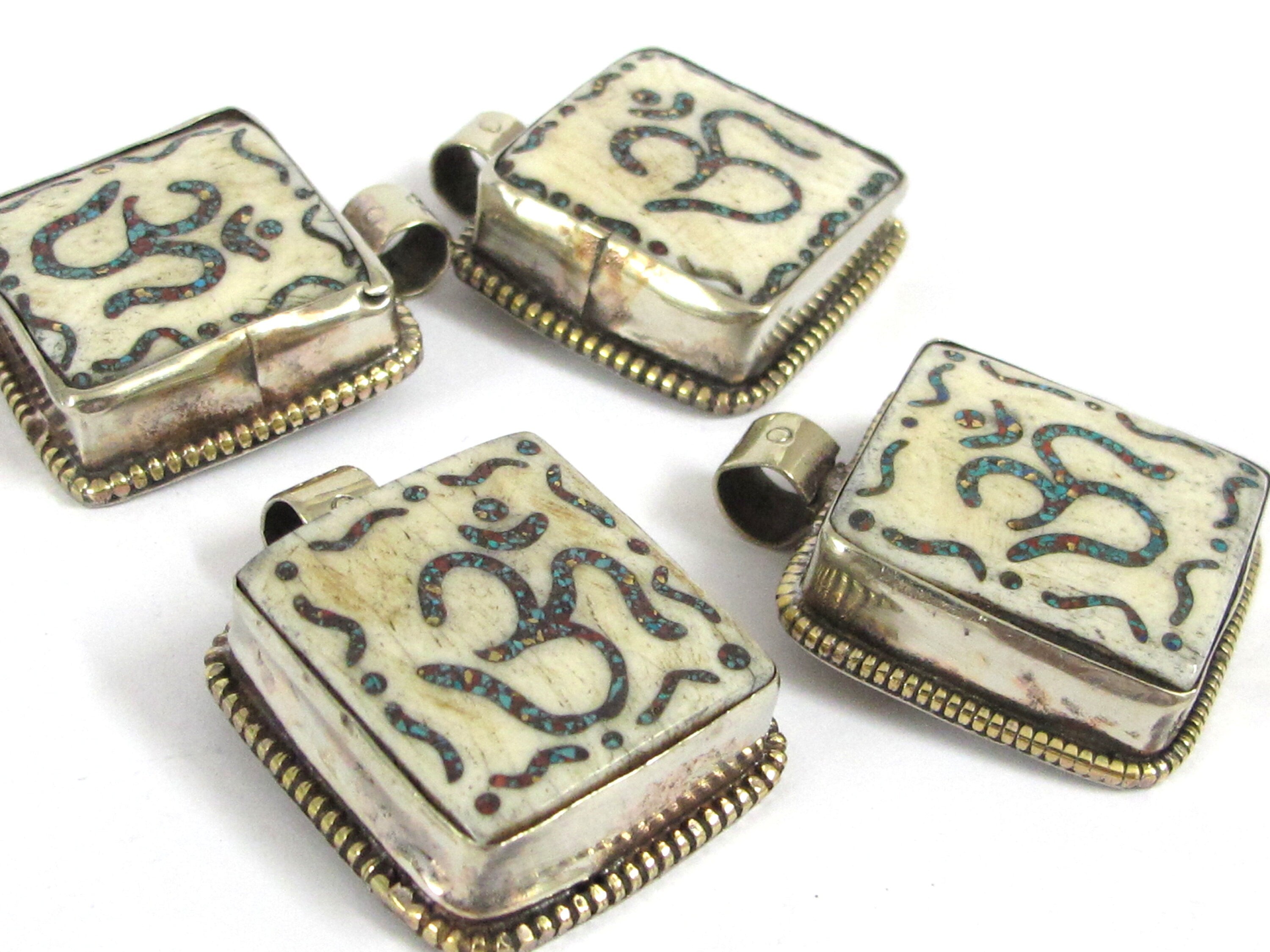 1 Tibetan Om pendant - Ethnic Tibetan Nepal cream color Om pendant with turquoise inlay upcyled cattle bone pendant - PB016A