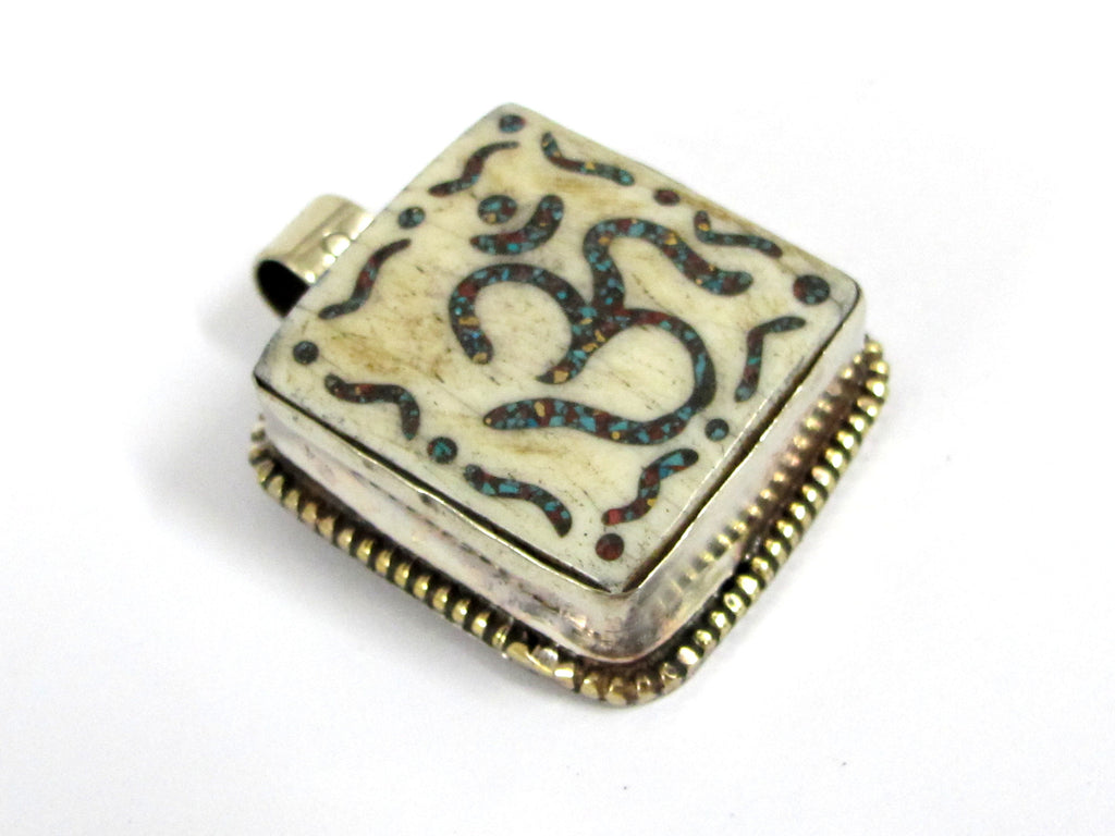 1 Tibetan Om pendant - Ethnic Tibetan Nepal cream color Om pendant with turquoise inlay upcyled cattle bone pendant - PB016A