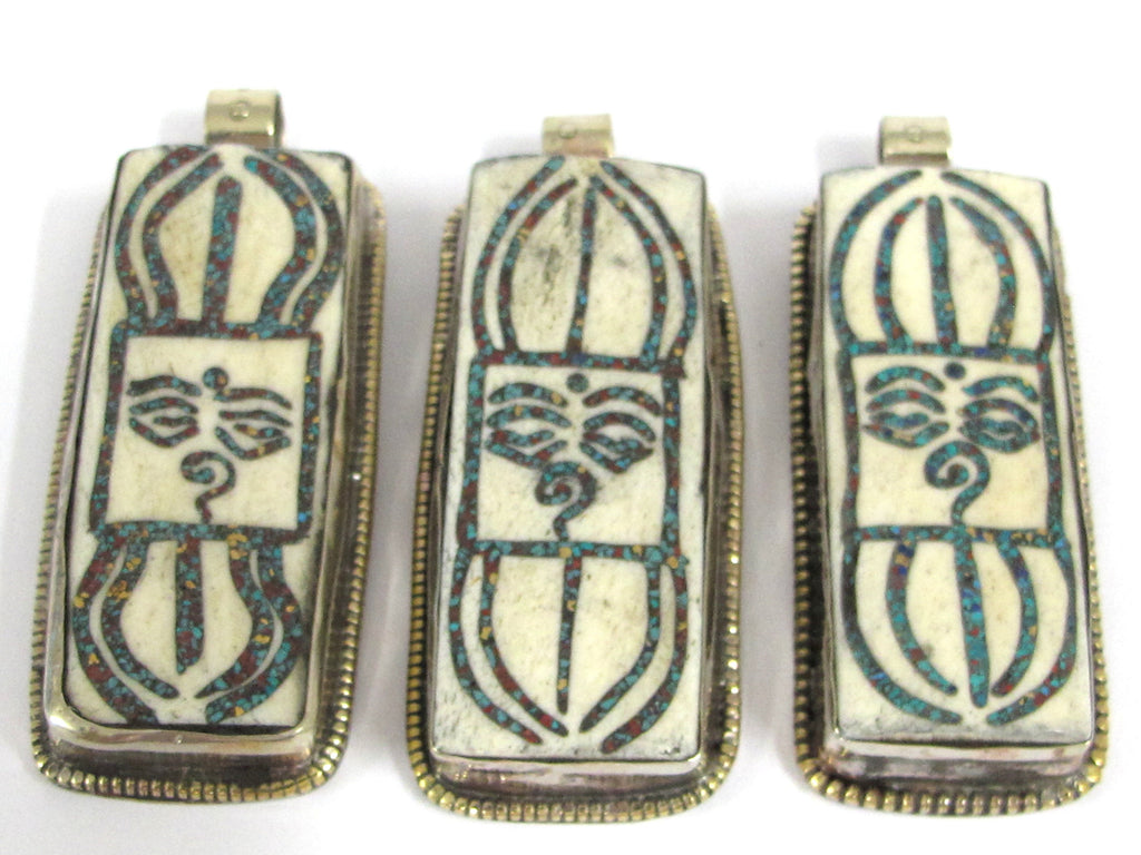 1 Tibetan Dorje Vajra Buddha eye pendant - Ethnic cream color Dorje Buddha eye pendant turquoise inlay Nepal bone pendant - PB016C