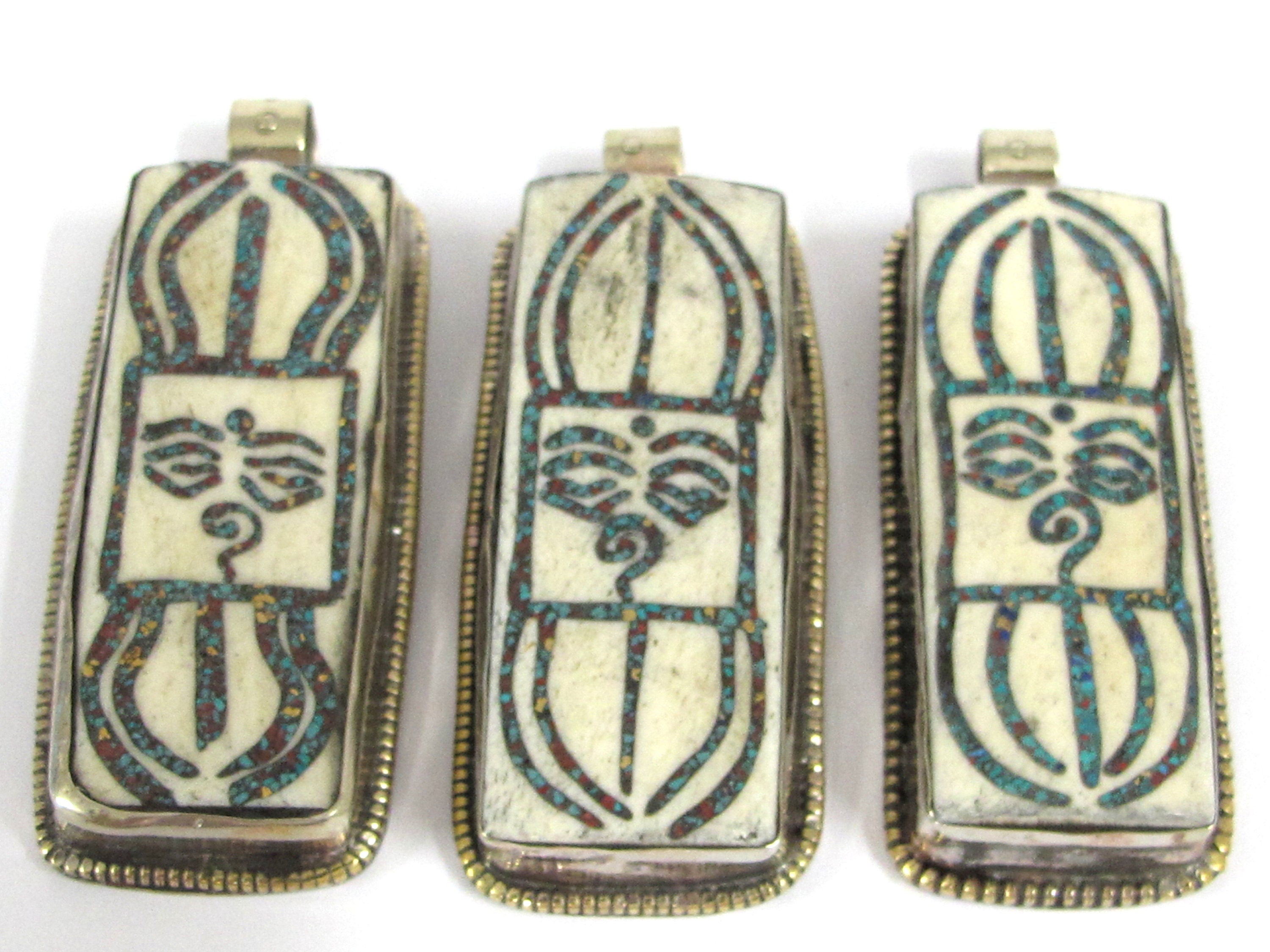 1 Tibetan Dorje Vajra Buddha eye pendant - Ethnic cream color Dorje Buddha eye pendant turquoise inlay Nepal bone pendant - PB016C