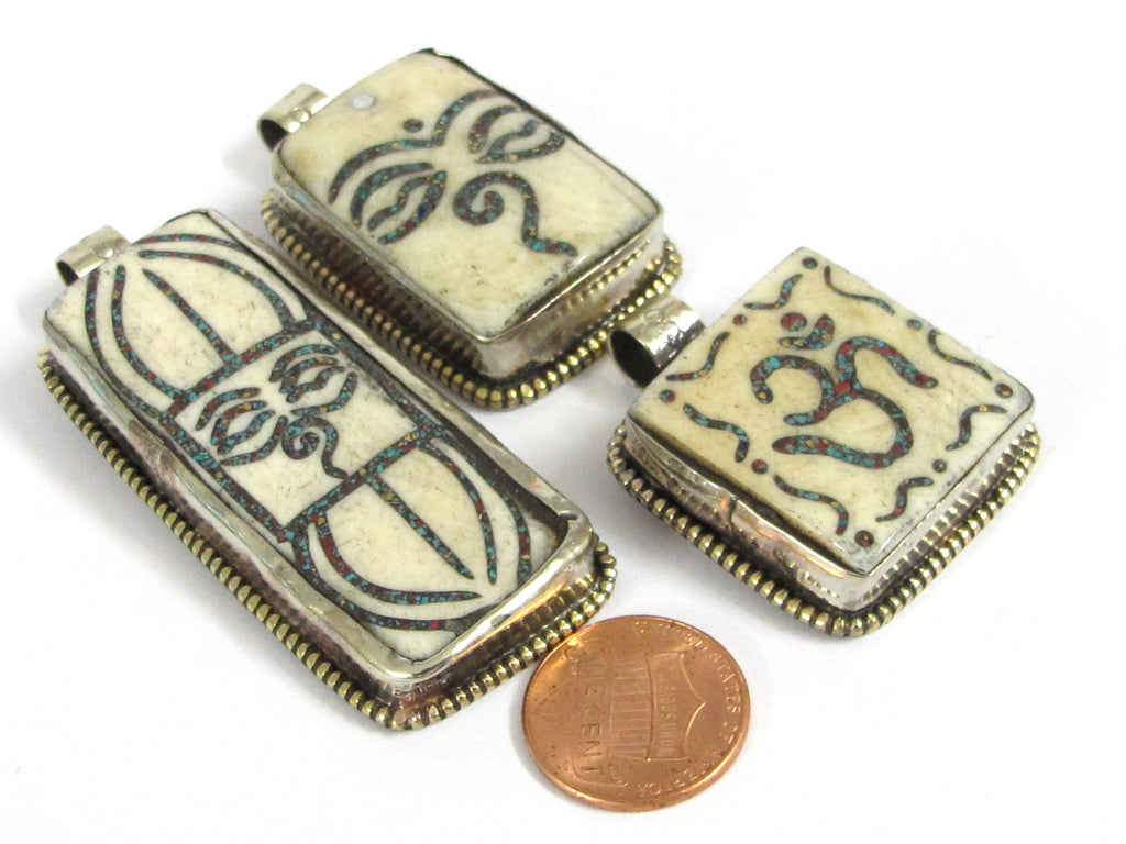 Set of 3 pendants - Ethnic Tibetan Buddha eye Vajra Om bone pendants Nepal turquoise inlay jewelry making supplies - PB016K