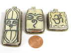Set of 3 pendants - Ethnic Tibetan Buddha eye Vajra Om bone pendants Nepal turquoise inlay jewelry making supplies - PB016K