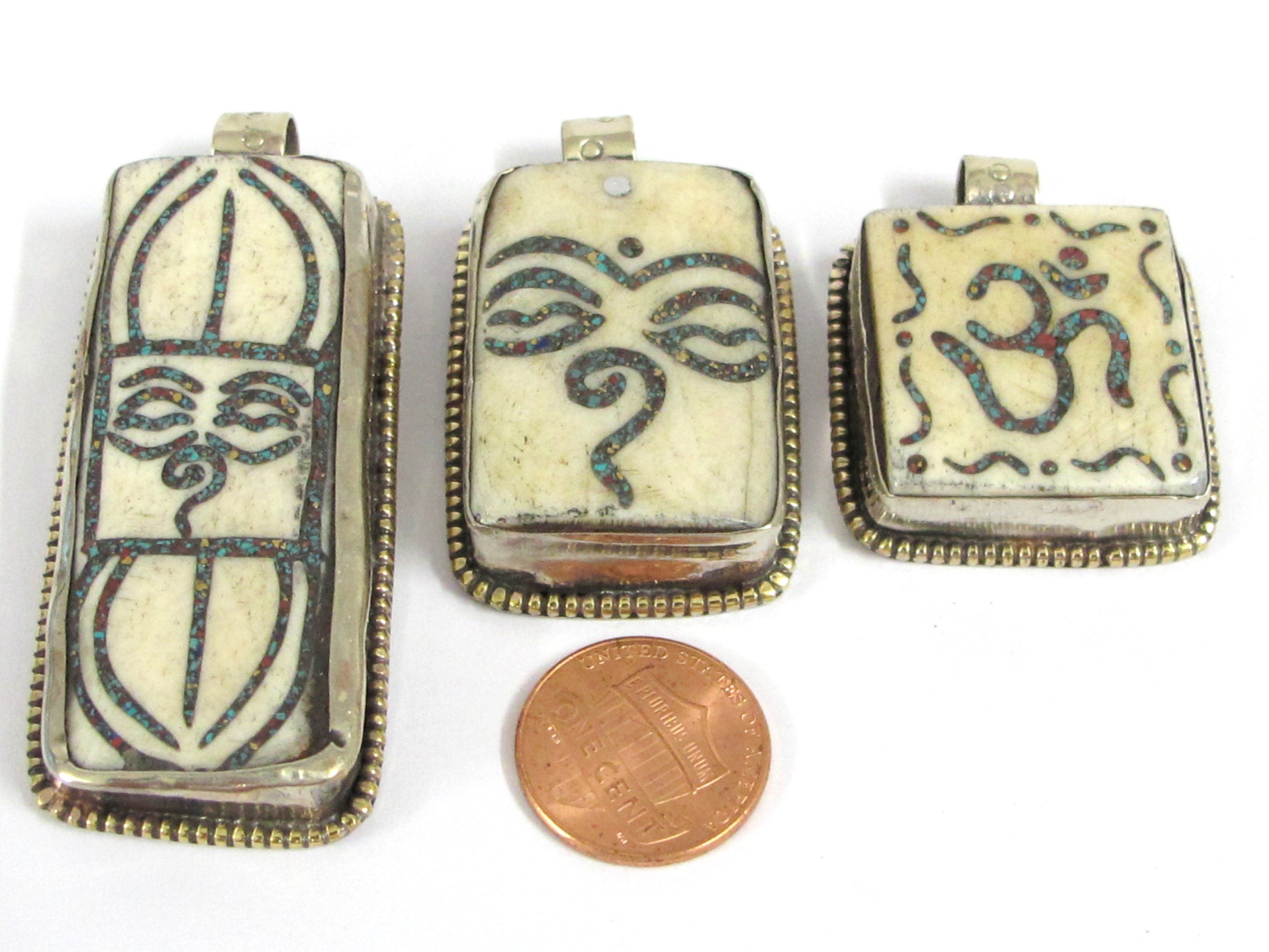 Set of 3 pendants - Ethnic Tibetan Buddha eye Vajra Om bone pendants Nepal turquoise inlay jewelry making supplies - PB016K