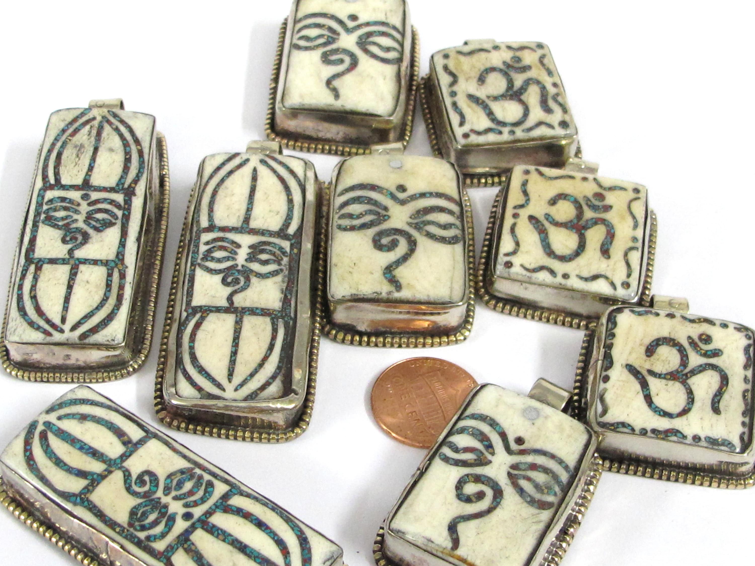 Set of 3 pendants - Ethnic Tibetan Buddha eye Vajra Om bone pendants Nepal turquoise inlay jewelry making supplies - PB016K