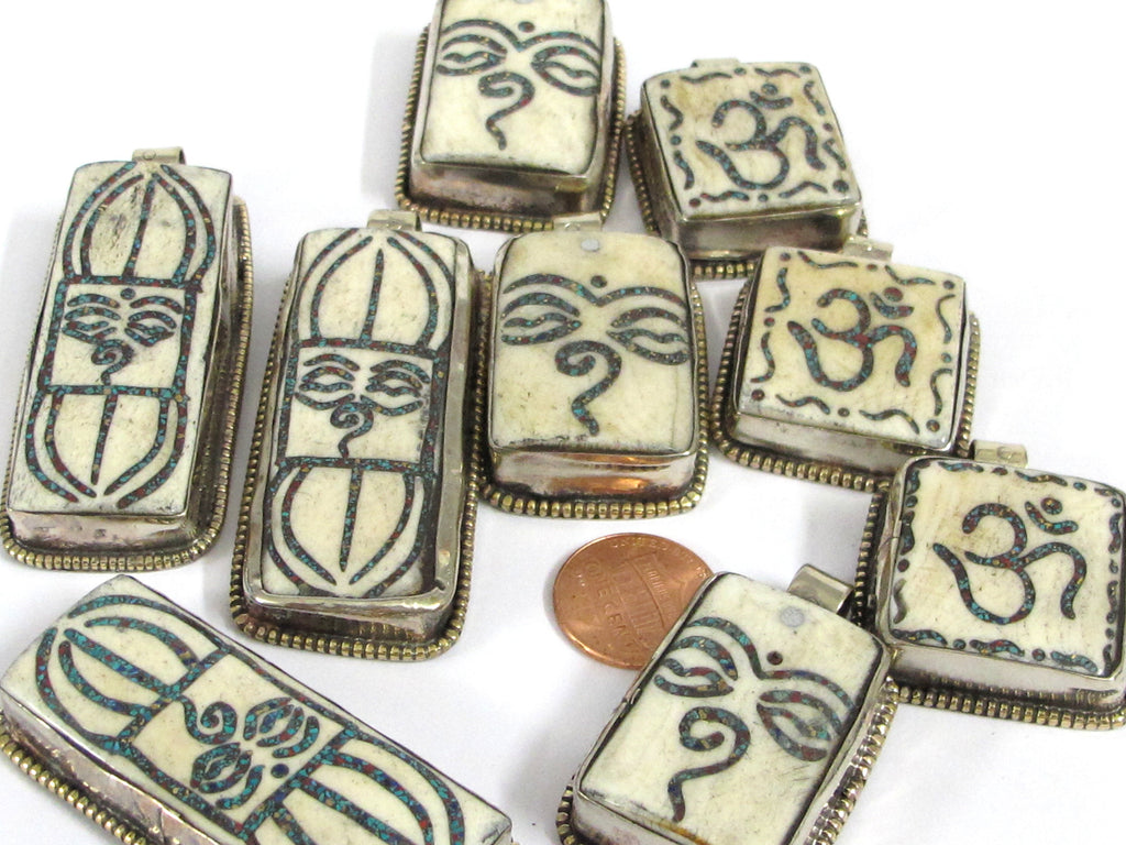 Set of 3 pendants - Ethnic Tibetan Buddha eye Vajra Om bone pendants Nepal turquoise inlay jewelry making supplies - PB016K