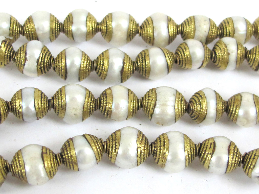 4 BEADS - Brass capped genuine fresh water pearl beads 10 - 11 mm x 11 - 13 mm - BD774K