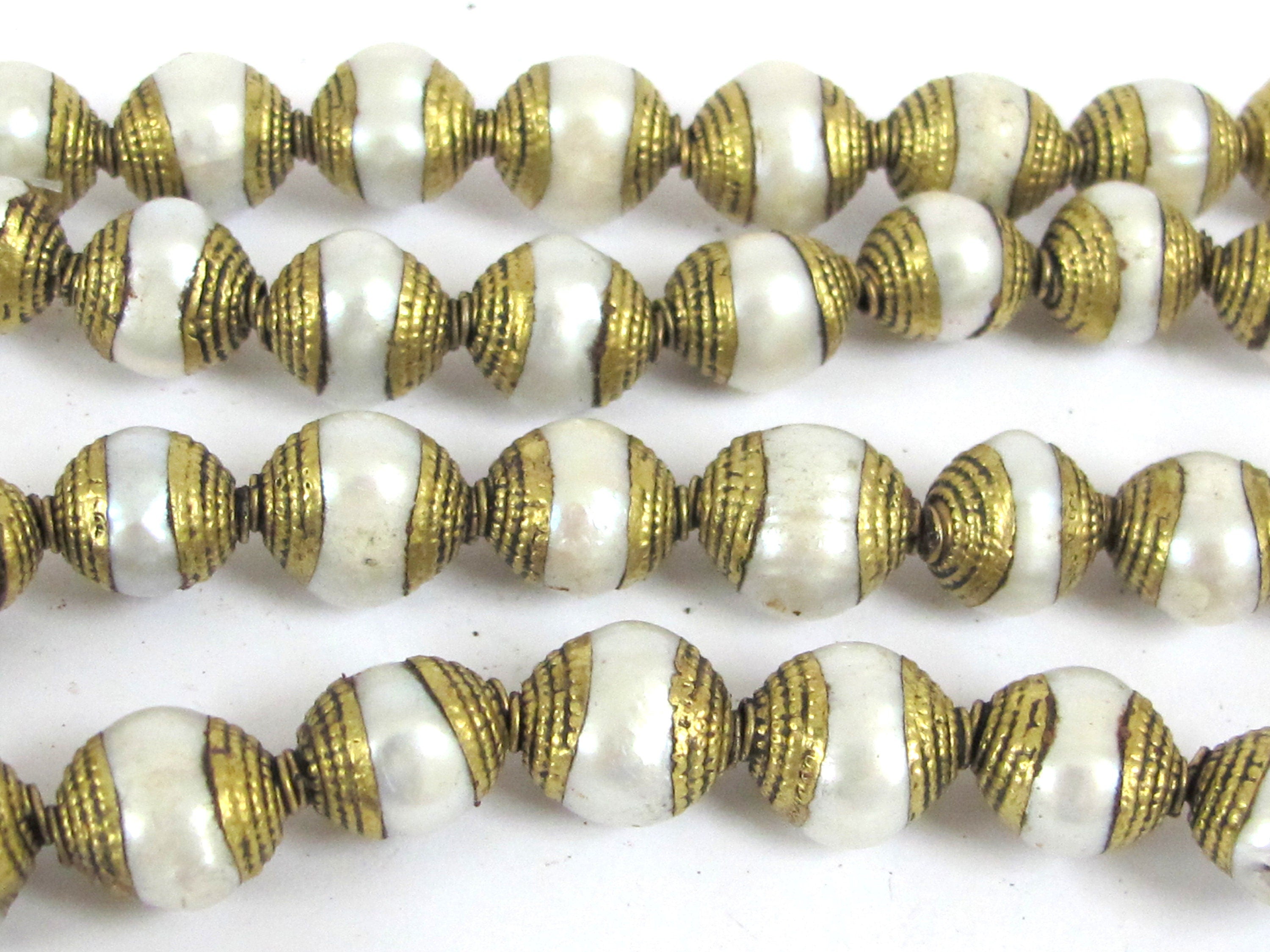 4 BEADS - Brass capped genuine fresh water pearl beads 10 - 11 mm x 11 - 13 mm - BD774K
