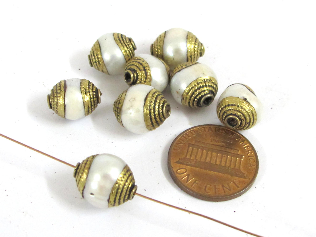 4 BEADS - Brass capped genuine fresh water pearl beads 9 - 11 mm x 11 - 13 mm - BD774K