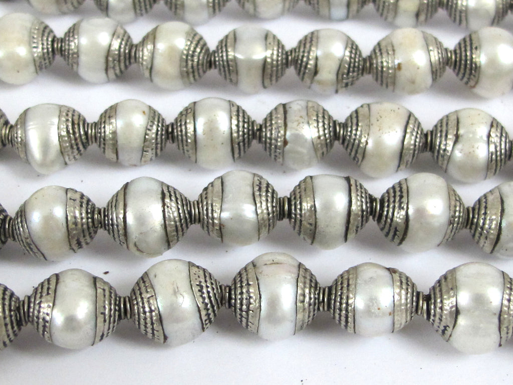 4 BEADS - Tibetan silver capped white color pearl beads 11-13 mm long x 9.5-11 mm thick - BD775G