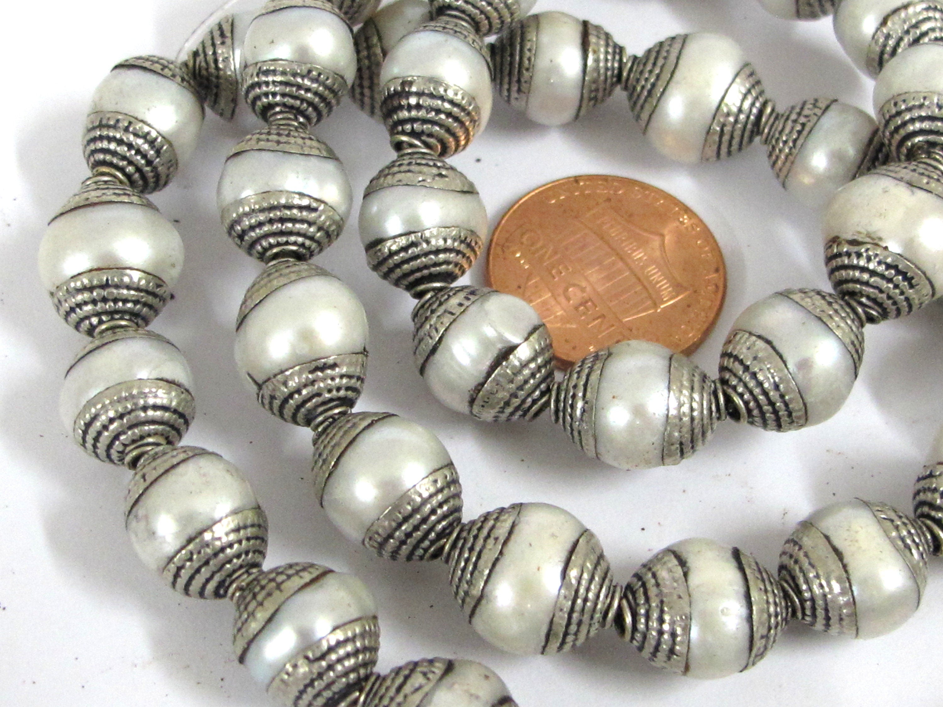 4 BEADS - Tibetan silver capped white color pearl beads 11-13 mm long x 9.5-11 mm thick - BD775G