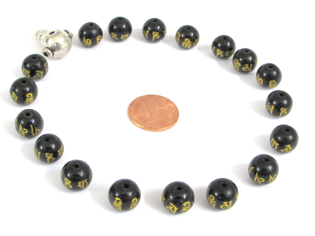 18 Beads-Tibetan om mantra om mani padme hum etched black agate quartz beads 10 mm with Guru bead for mala bracelet making - GM417B