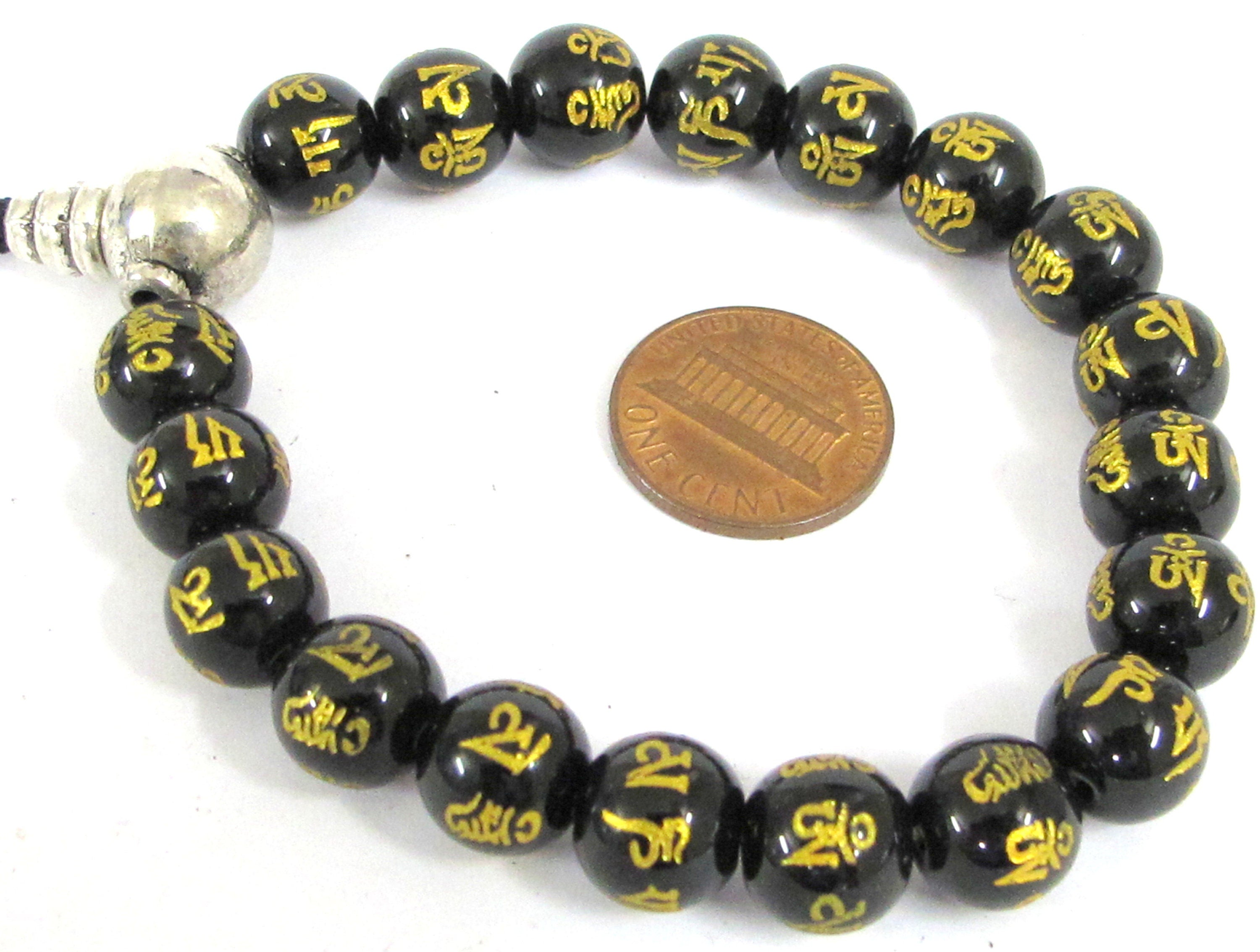 18 Beads-Tibetan om mantra om mani padme hum etched black agate quartz beads 10 mm with Guru bead for mala bracelet making - GM417B