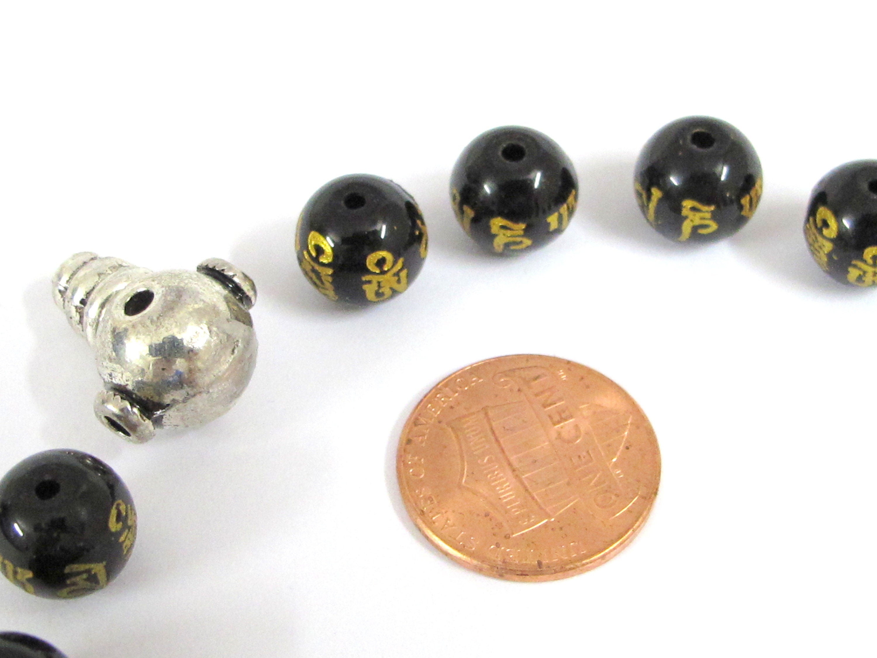 18 Beads-Tibetan om mantra om mani padme hum etched black agate quartz beads 10 mm with Guru bead for mala bracelet making - GM417B