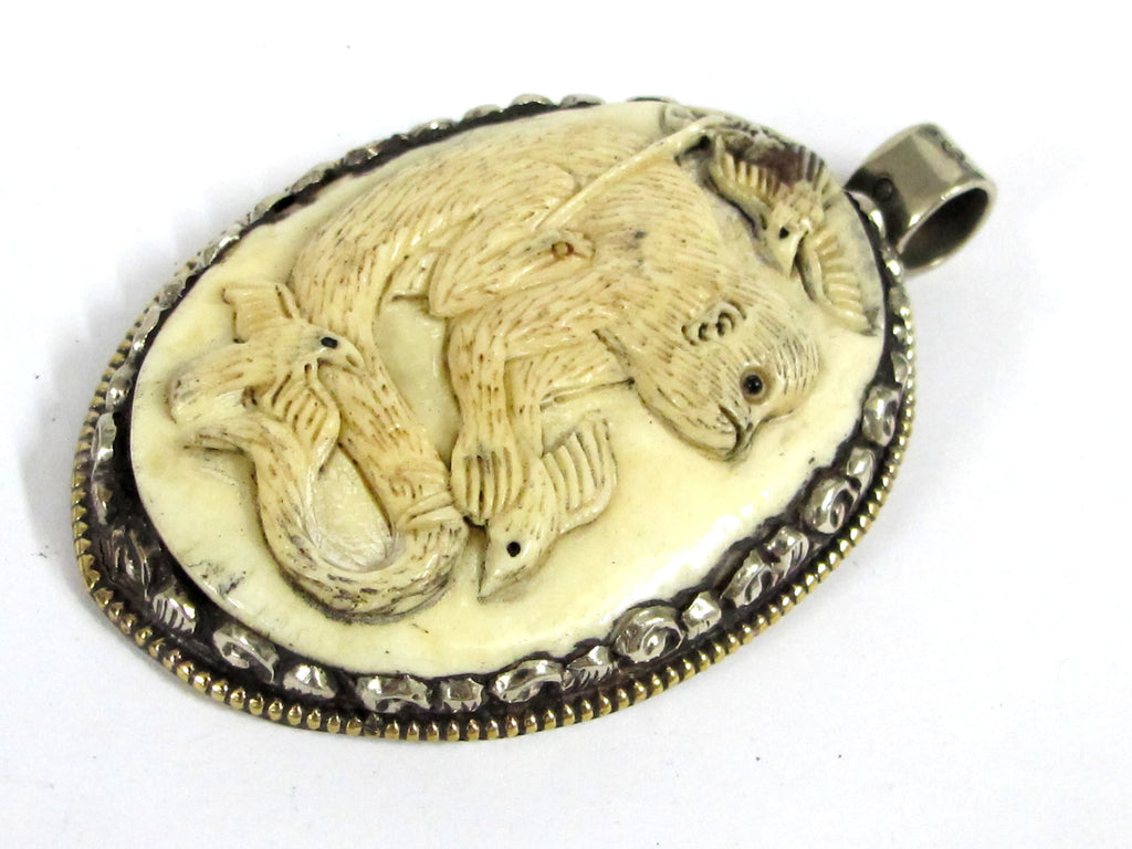 Unique large bold size carved cattle bone pendant with intricate monkey animal with birds design floral carving on reverse side - PB008JF