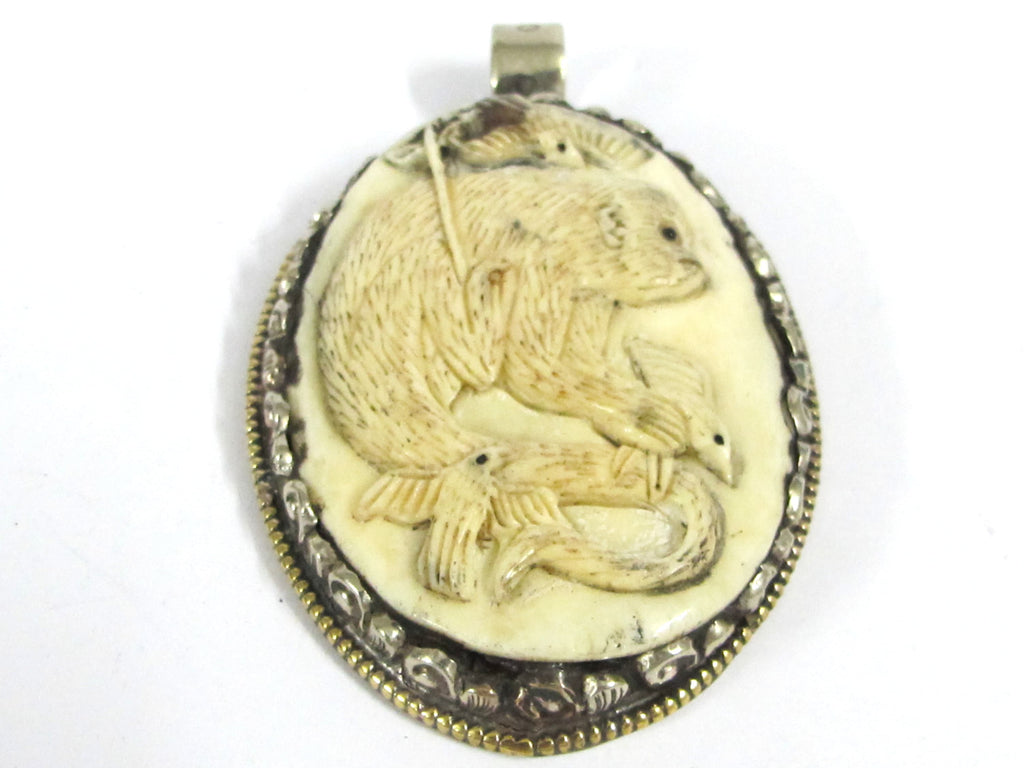 Unique large bold size carved cattle bone pendant with intricate monkey animal with birds design floral carving on reverse side - PB008JF