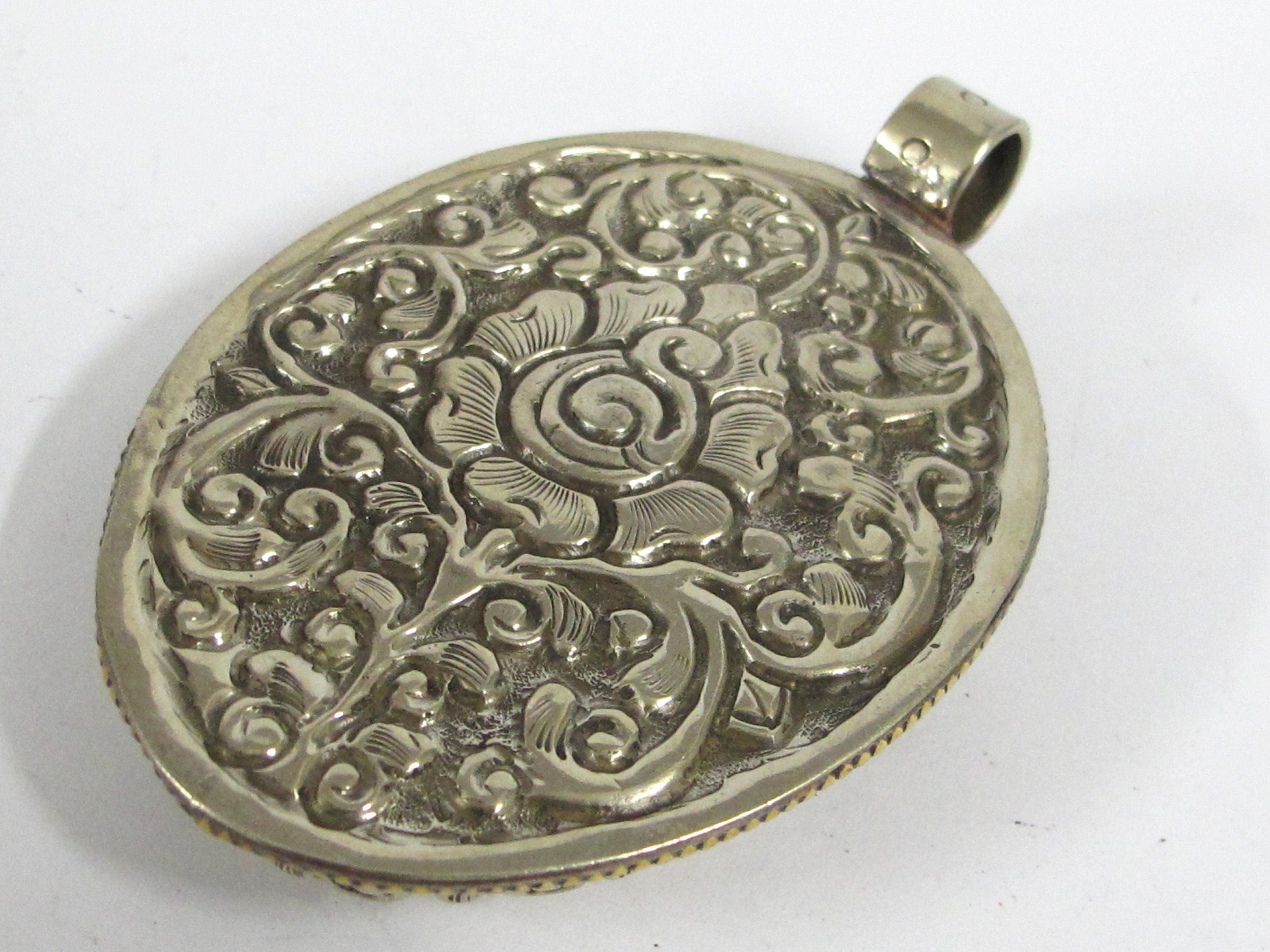Unique large bold size carved cattle bone pendant with intricate monkey animal with birds design floral carving on reverse side - PB008JF