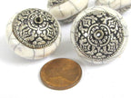 1 Bead -Large Tibetan white crackle resin capped bead with tibetan double dorje vajra symbol - BD977B