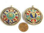 1 Pendant - Reversible Om and Kalachakra mantra Brass filigree pendant lapis turquoise inlay aum prayer pendantfrom Nepal - PM529H