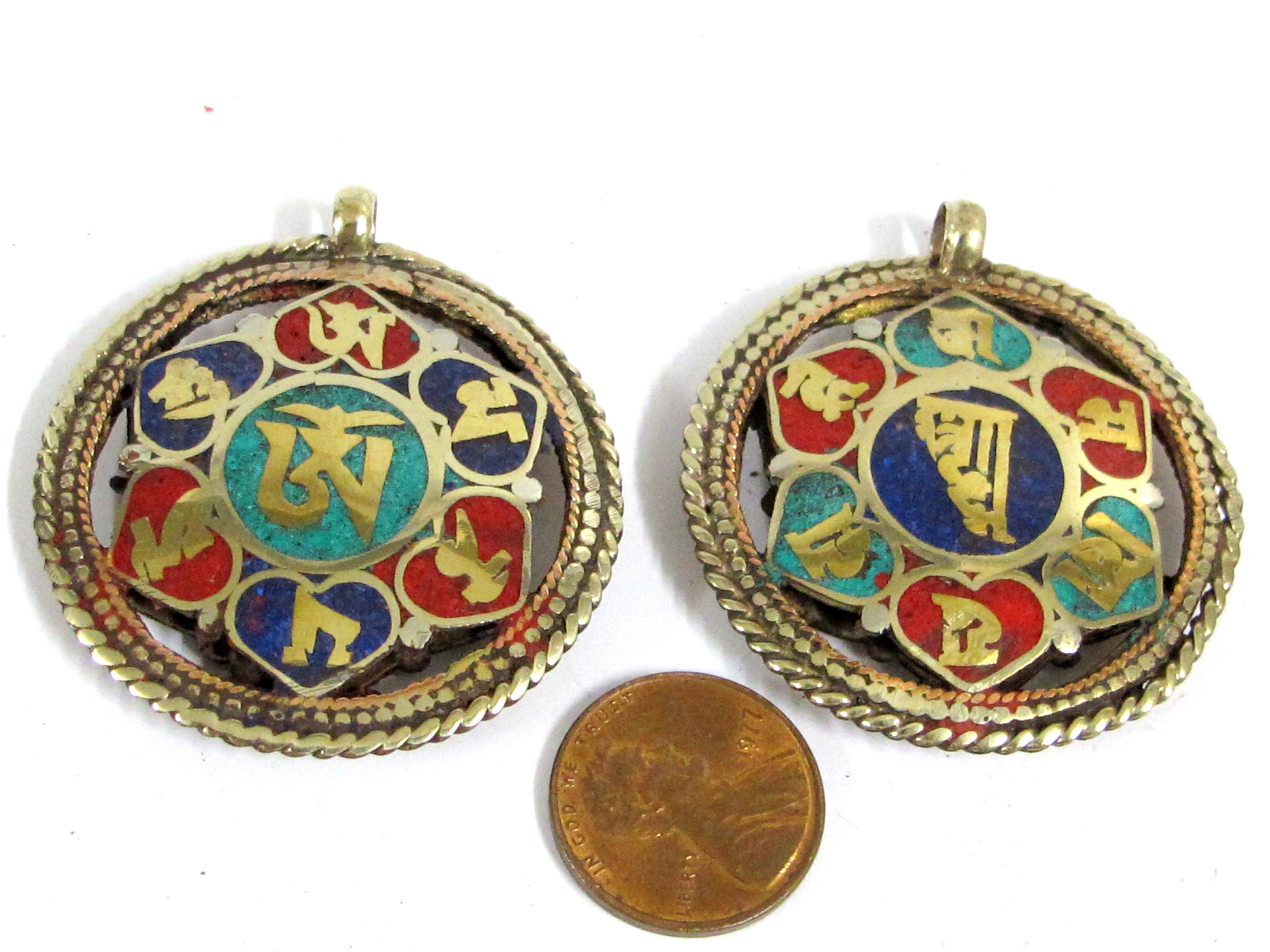 1 Pendant - Reversible Om and Kalachakra mantra Brass filigree pendant lapis turquoise inlay aum prayer pendantfrom Nepal - PM529H