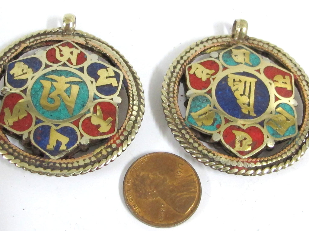 1 Pendant - Reversible Om and Kalachakra mantra Brass filigree pendant lapis turquoise inlay aum prayer pendantfrom Nepal - PM529H