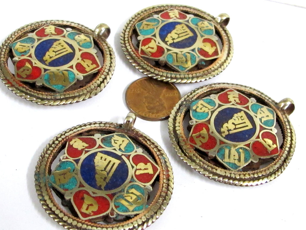 1 Pendant - Reversible Om and Kalachakra mantra Brass filigree pendant lapis turquoise inlay aum prayer pendantfrom Nepal - PM529H