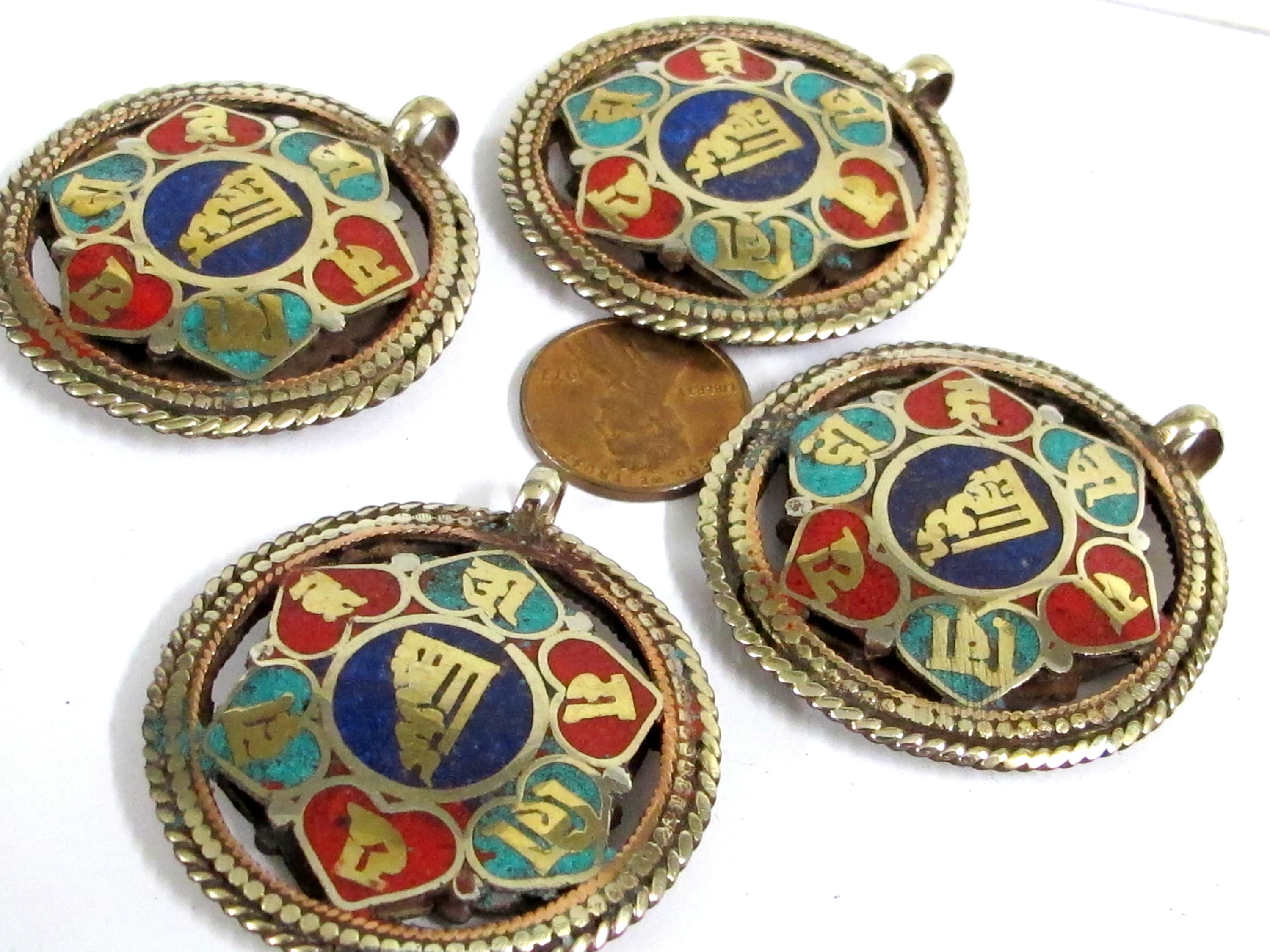 1 Pendant - Reversible Om and Kalachakra mantra Brass filigree pendant lapis turquoise inlay aum prayer pendantfrom Nepal - PM529H