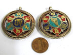 1 Pendant - Reversible Om Kalachakra mantra Brass filigree pendant lapis turquoise inlay aum prayer pendant from Nepal - PM529G