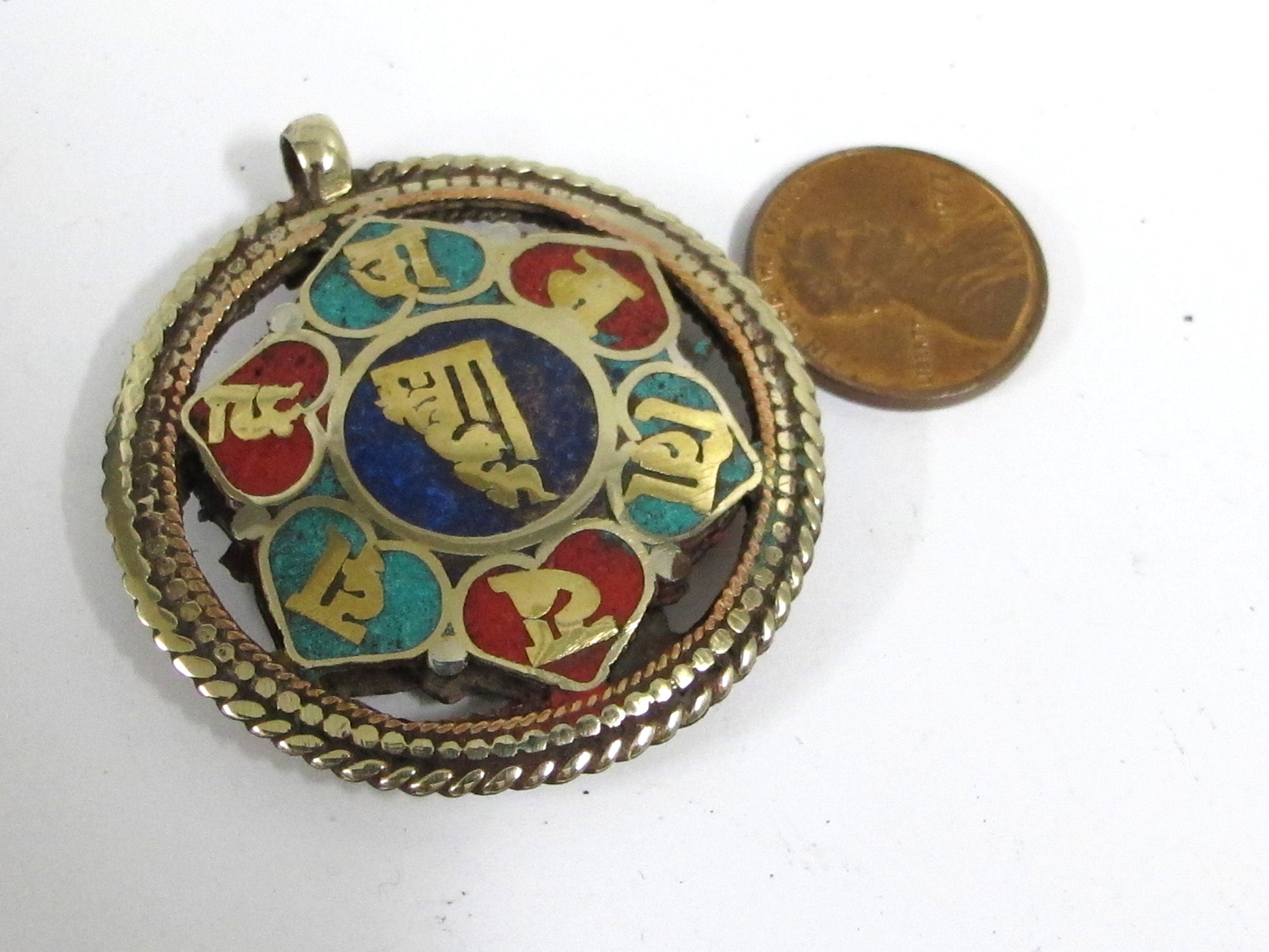 1 Pendant - Reversible Om and Kalachakra mantra Brass filigree pendant lapis turquoise inlay aum prayer pendantfrom Nepal - PM529H