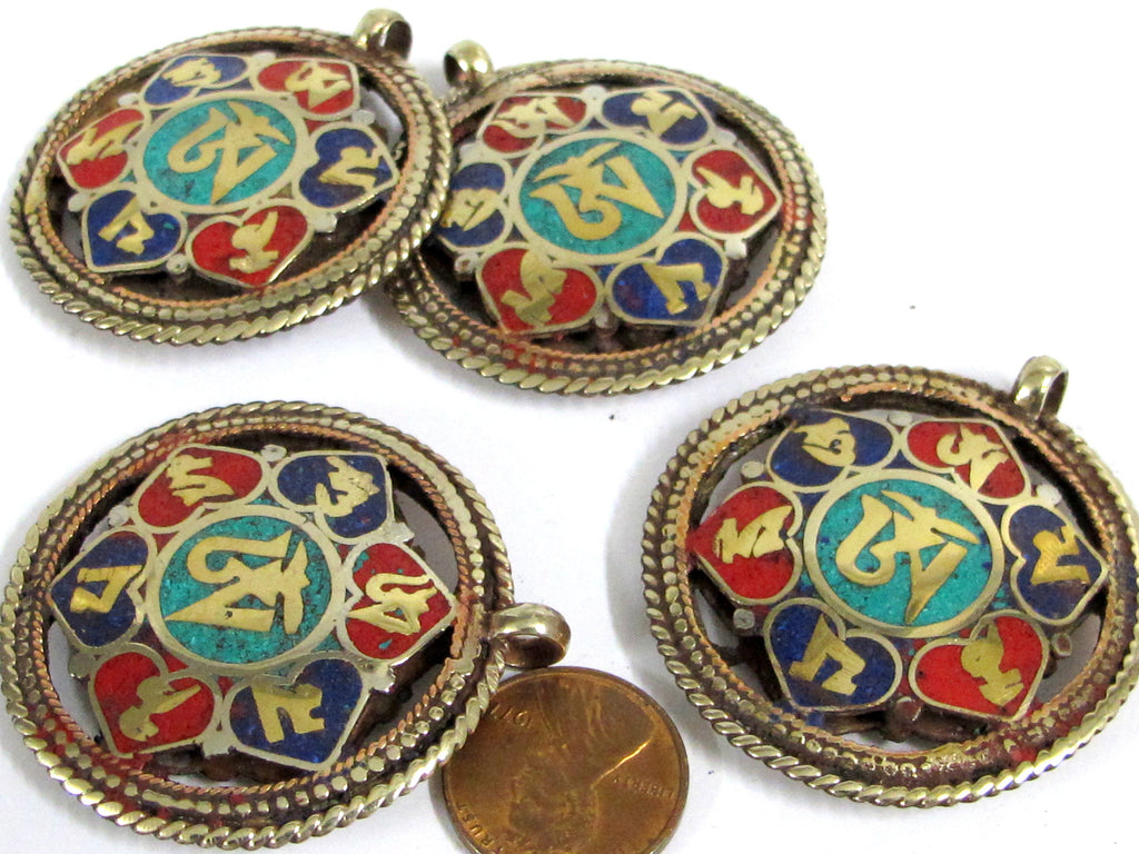 1 Pendant - Reversible Om and Kalachakra mantra Brass filigree pendant lapis turquoise inlay aum prayer pendantfrom Nepal - PM529H