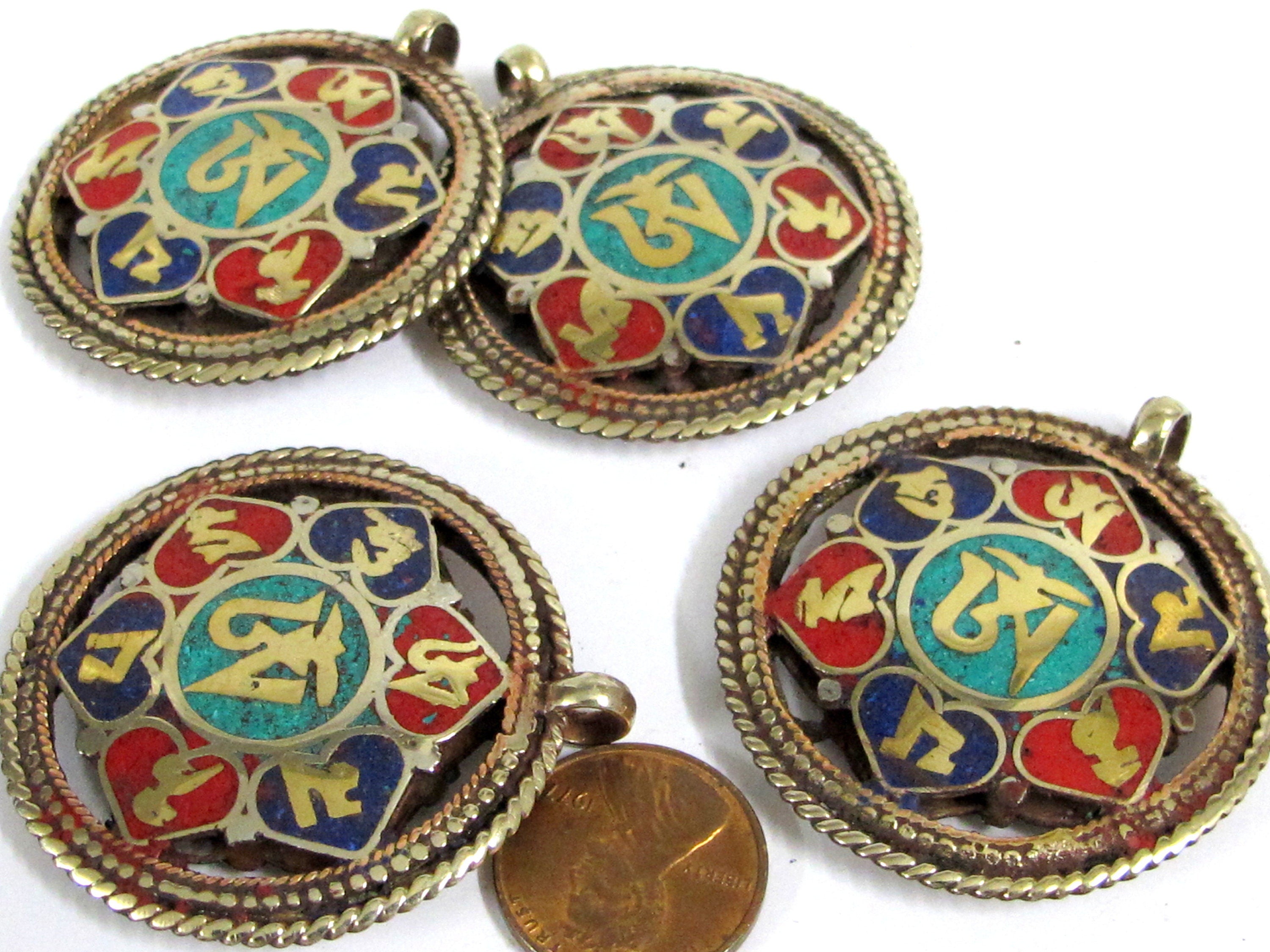 1 Pendant - Reversible Om and Kalachakra mantra Brass filigree pendant lapis turquoise inlay aum prayer pendantfrom Nepal - PM529H