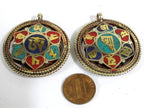 1 Pendant - Reversible Om Kalachakra mantra Brass filigree pendant lapis turquoise inlay aum prayer pendant from Nepal - PM529G