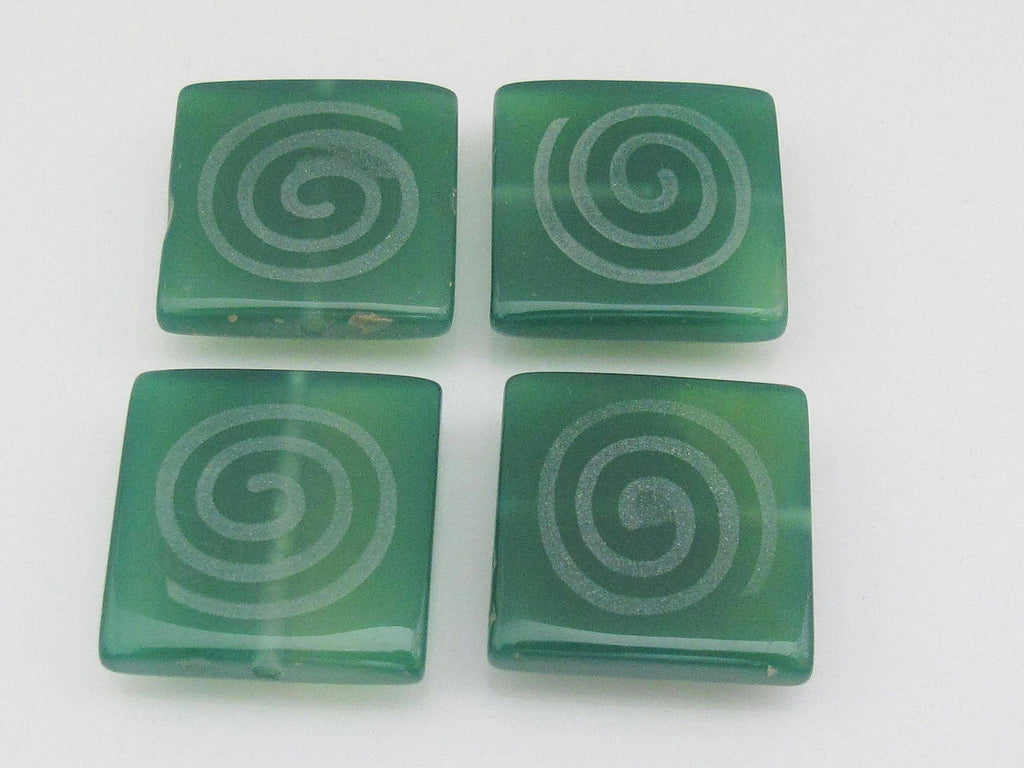 Green agate - etched Tibetan spiral swirl bead - 25 mm - 2 beads - GM016b